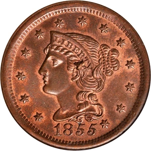 image for: 1855 Braided Hair Cent. N-9. Rarity-1. Grellman Die State e. Slanting 5s, Knob on Ear. MS-65 RB (NGC). CAC. OH.