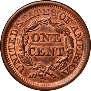 image for: 1855 Braided Hair Cent. N-9. Rarity-1. Grellman Die State e. Slanting 5s, Knob on Ear. MS-65 RB (NGC). CAC. OH.