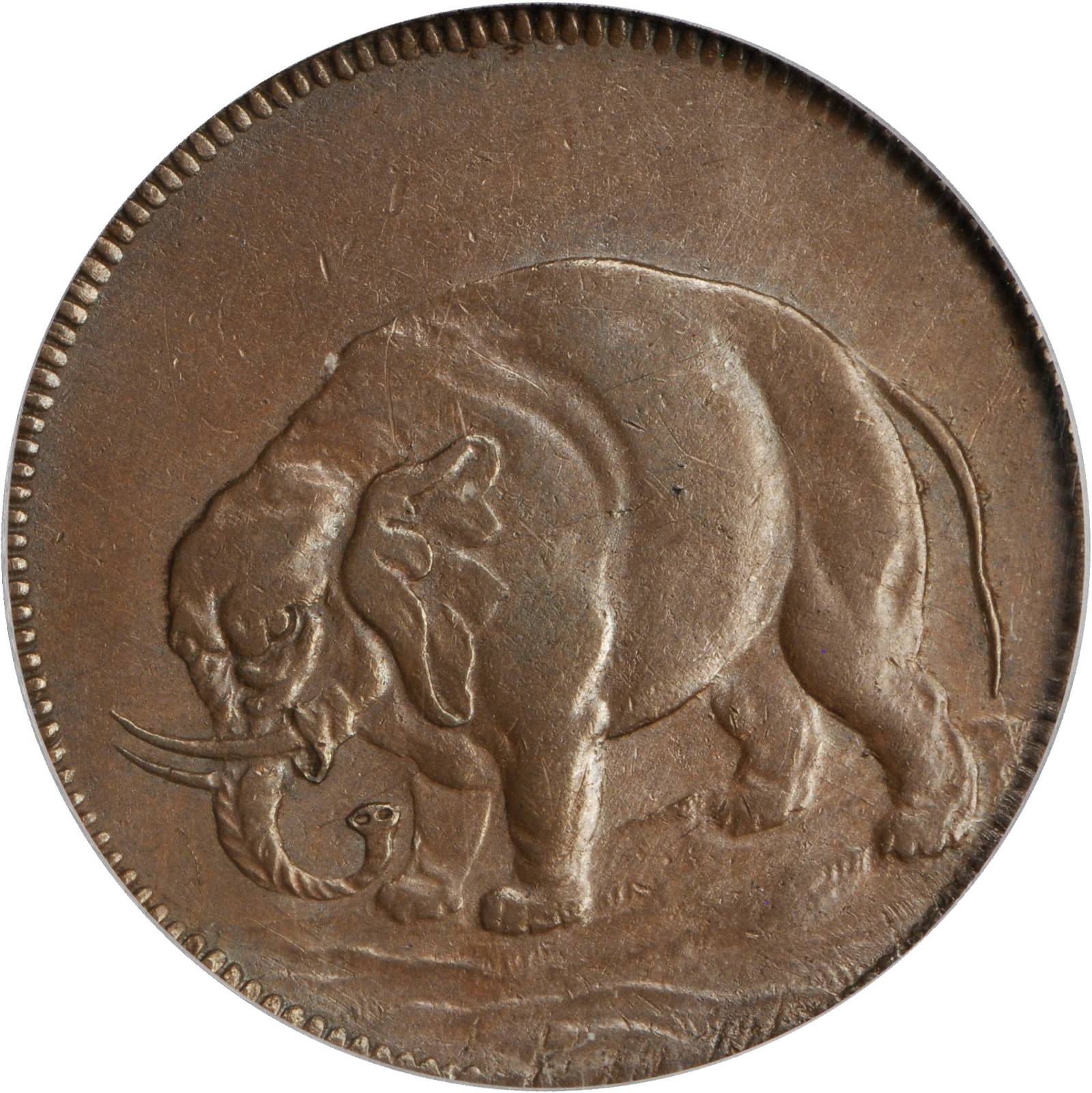 image for: Undated (Circa 1694) London Elephant Token. GOD PRESERVE LONDON. Hodder 1-A, W-12000. Diagonals in Center of Shield. MS-62 BN (PCGS).