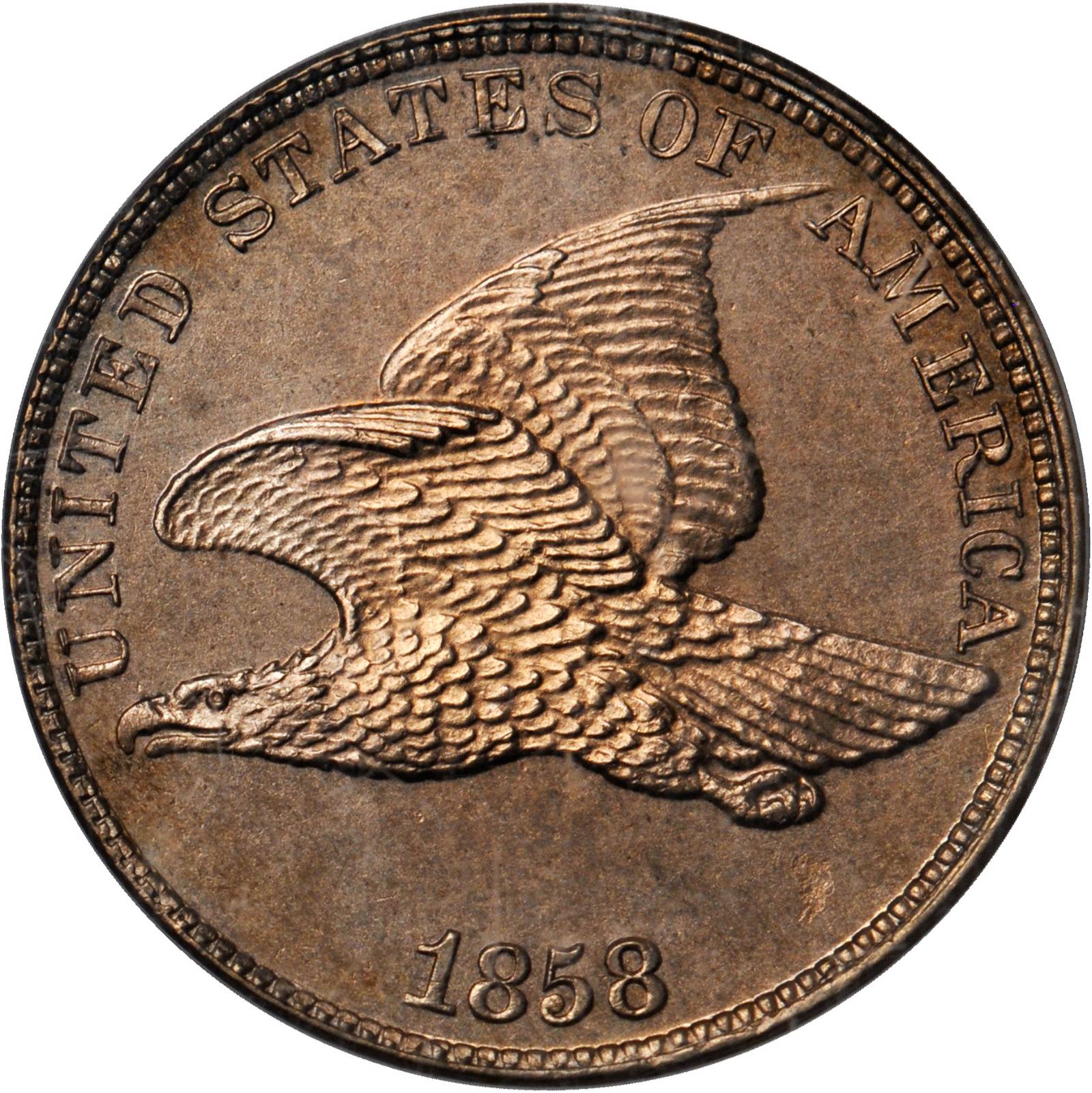 image for: 1858 Pattern Flying Eagle Cent. Judd-198, Pollock-229. Rarity-6-. Copper-Nickel. Plain Edge. Proof-64 (PCGS). Eagle Eye Photo Seal.