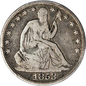 image for: 1853-O Liberty Seated Half Dollar. No Arrows. WB-Uncollectible, Die Pair WB-NC-1. Rarity-7+. VG-8 (PCGS). Secure Holder.