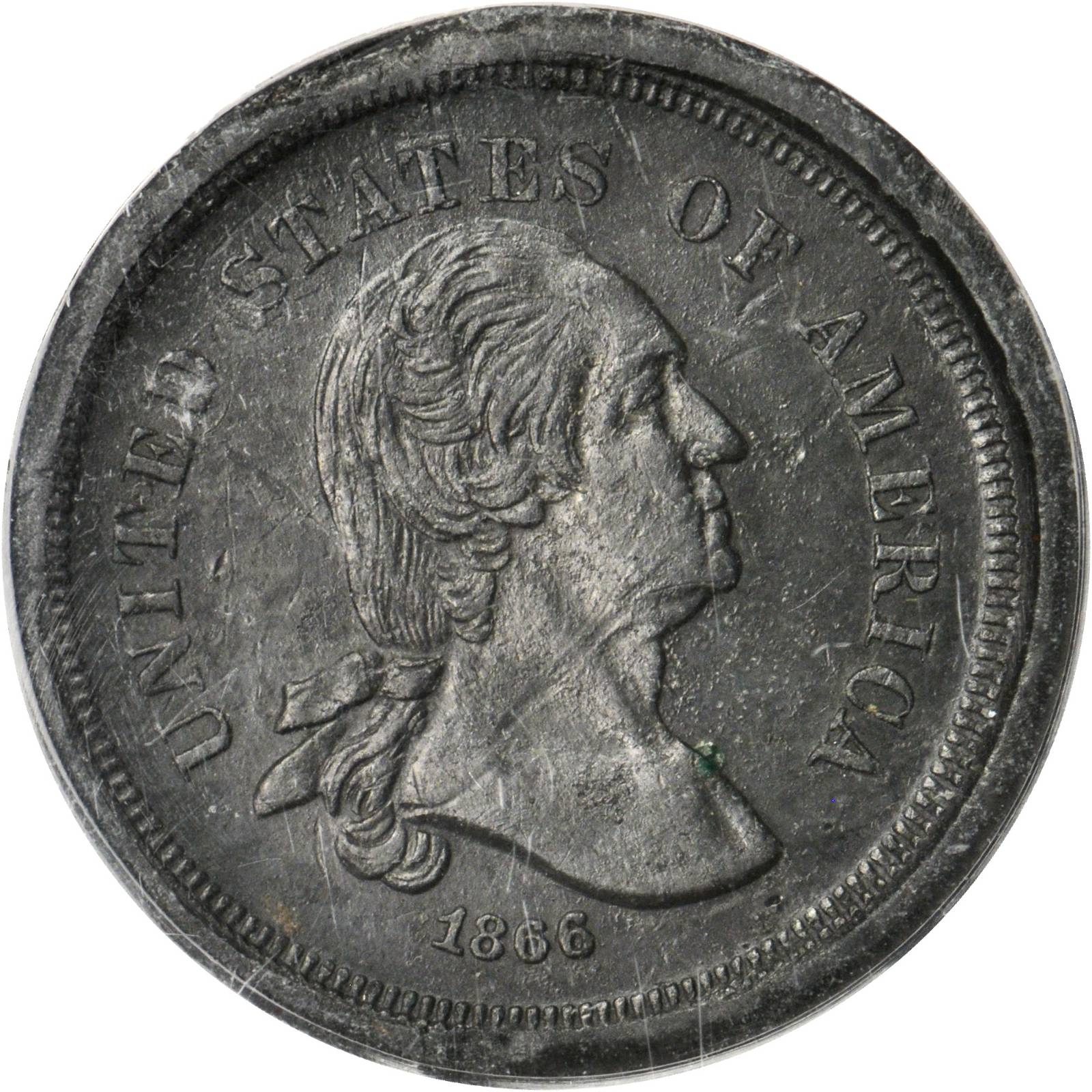 image for: 1866 Pattern Washington Five-Cent Piece. Judd-520 Restrike, Pollock-547. Rarity-8. Lead. Plain Edge. Proof-60 (PCGS). OGH.