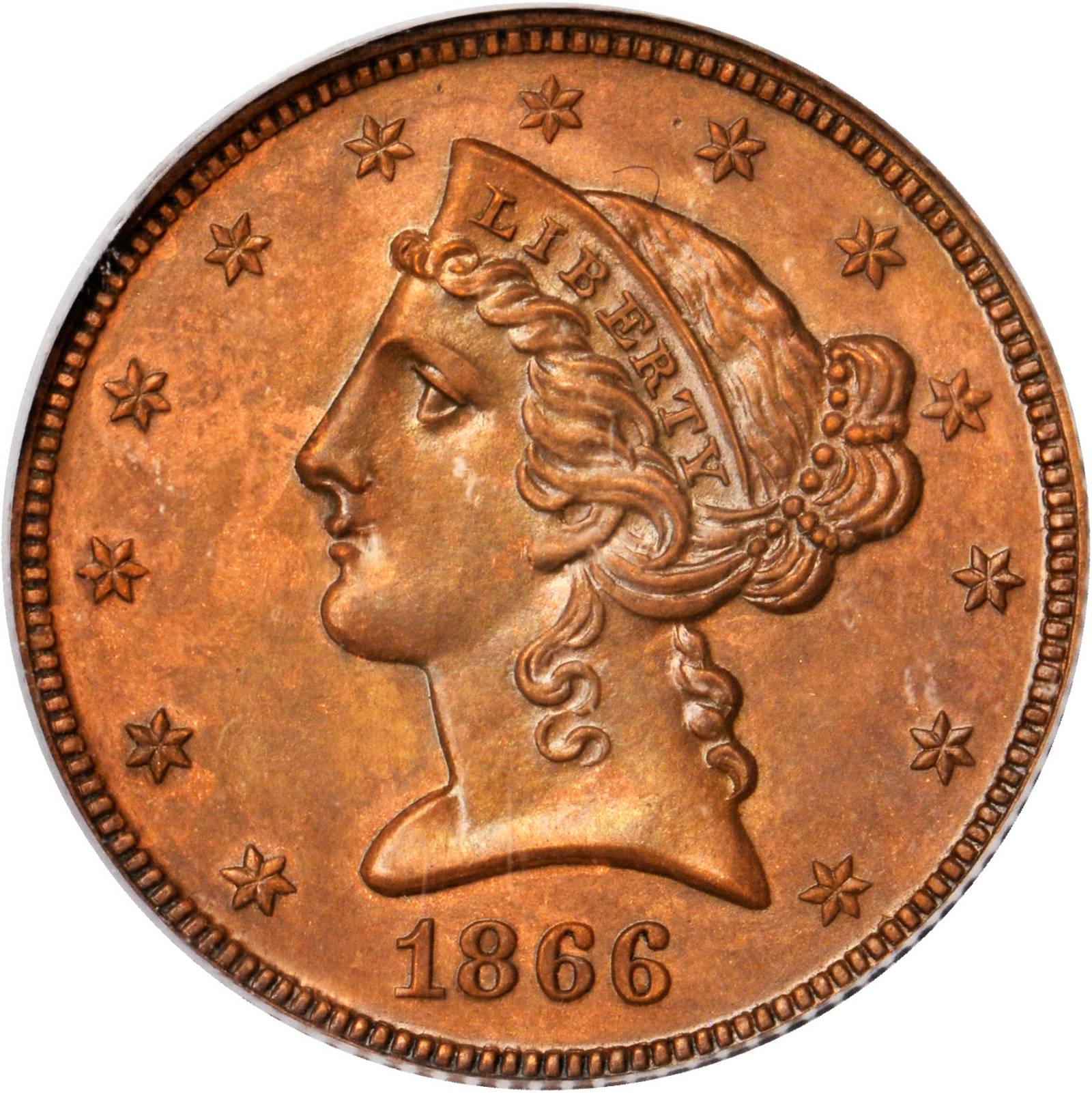 image for: 1866 Pattern Liberty Half Eagle. Judd-546, Pollock-610. Rarity-7+. Copper. Reeded Edge. Proof-64 BN (PCGS).