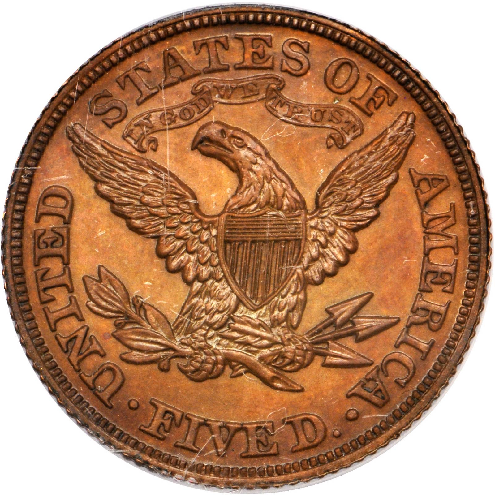 image for: 1866 Pattern Liberty Half Eagle. Judd-546, Pollock-610. Rarity-7+. Copper. Reeded Edge. Proof-64 BN (PCGS).