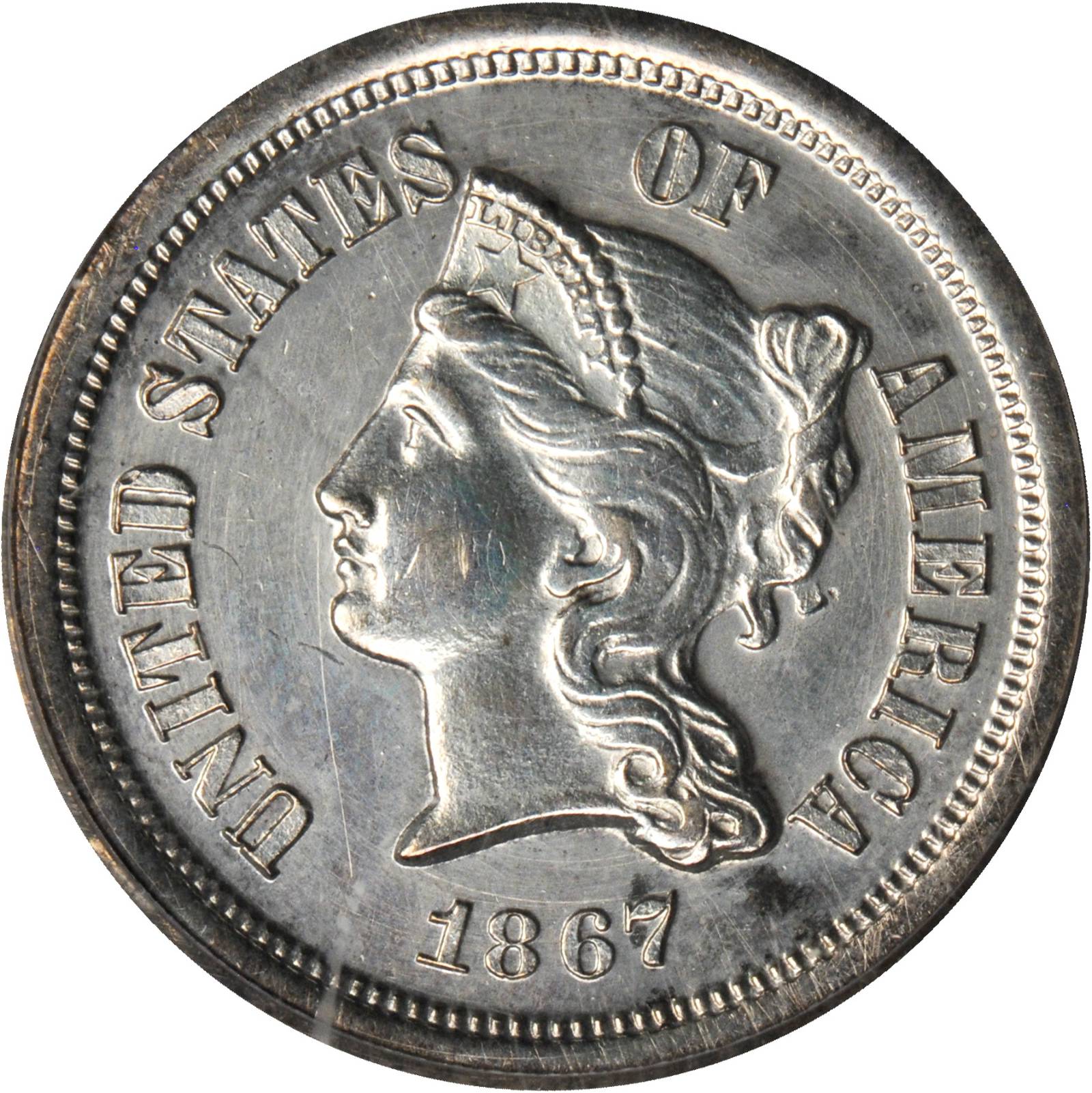 image for: 1867 Pattern Five-Cent Piece. Judd-582, Pollock-642. Rarity-8. Nickel. Plain Edge. Proof-61 (PCGS).