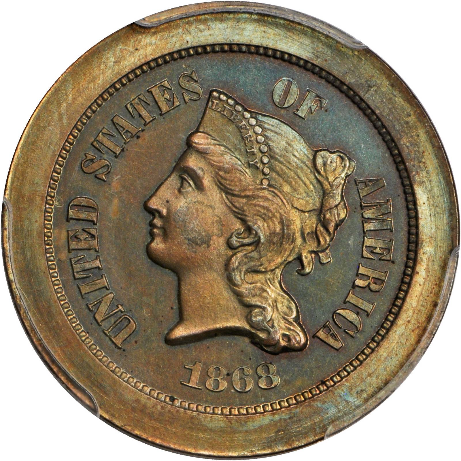 image for: 1868 Pattern Five-Cent Piece. Judd-627, Pollock-696. Rarity-7-. Copper. Plain Edge. Proof-64 BN (PCGS).