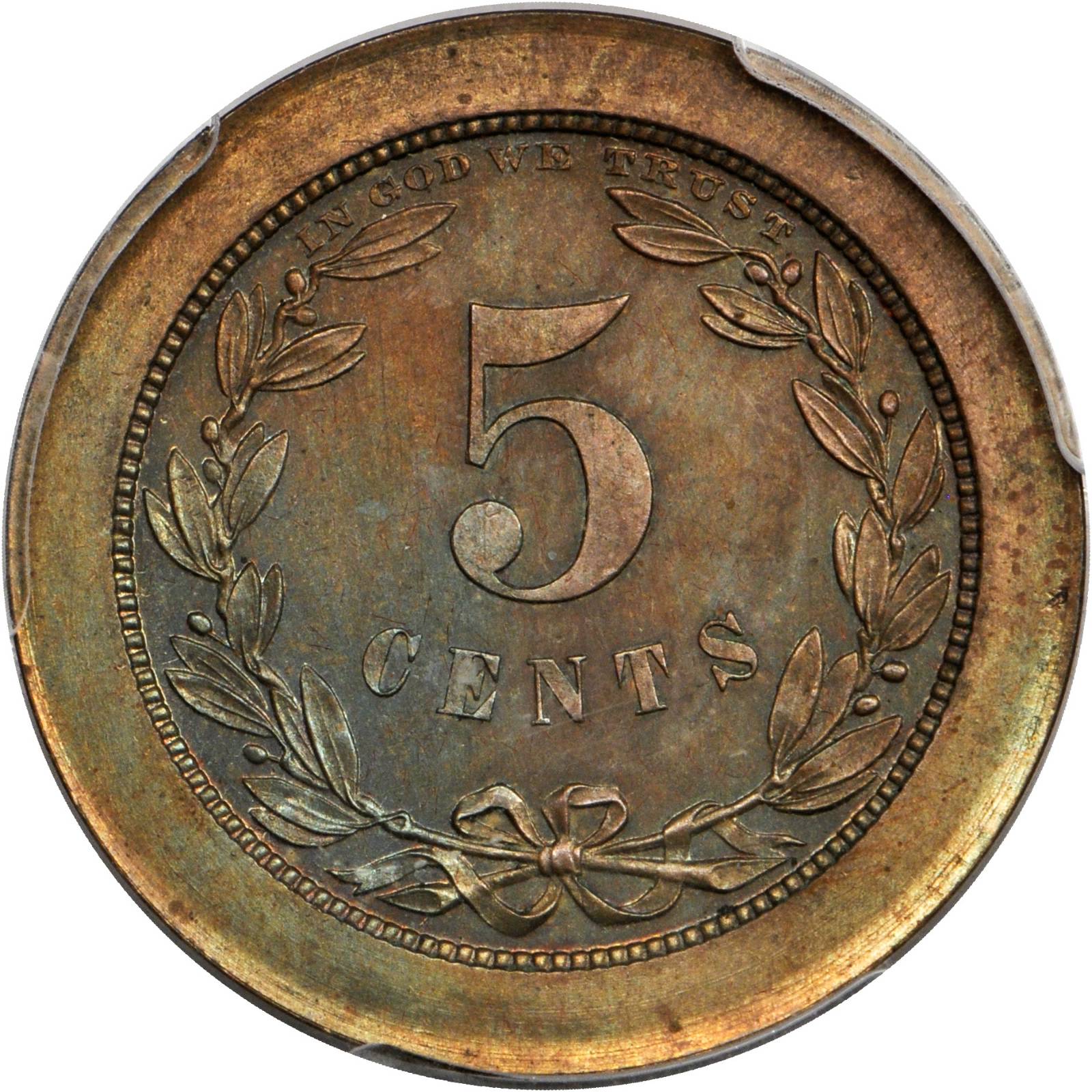 image for: 1868 Pattern Five-Cent Piece. Judd-627, Pollock-696. Rarity-7-. Copper. Plain Edge. Proof-64 BN (PCGS).