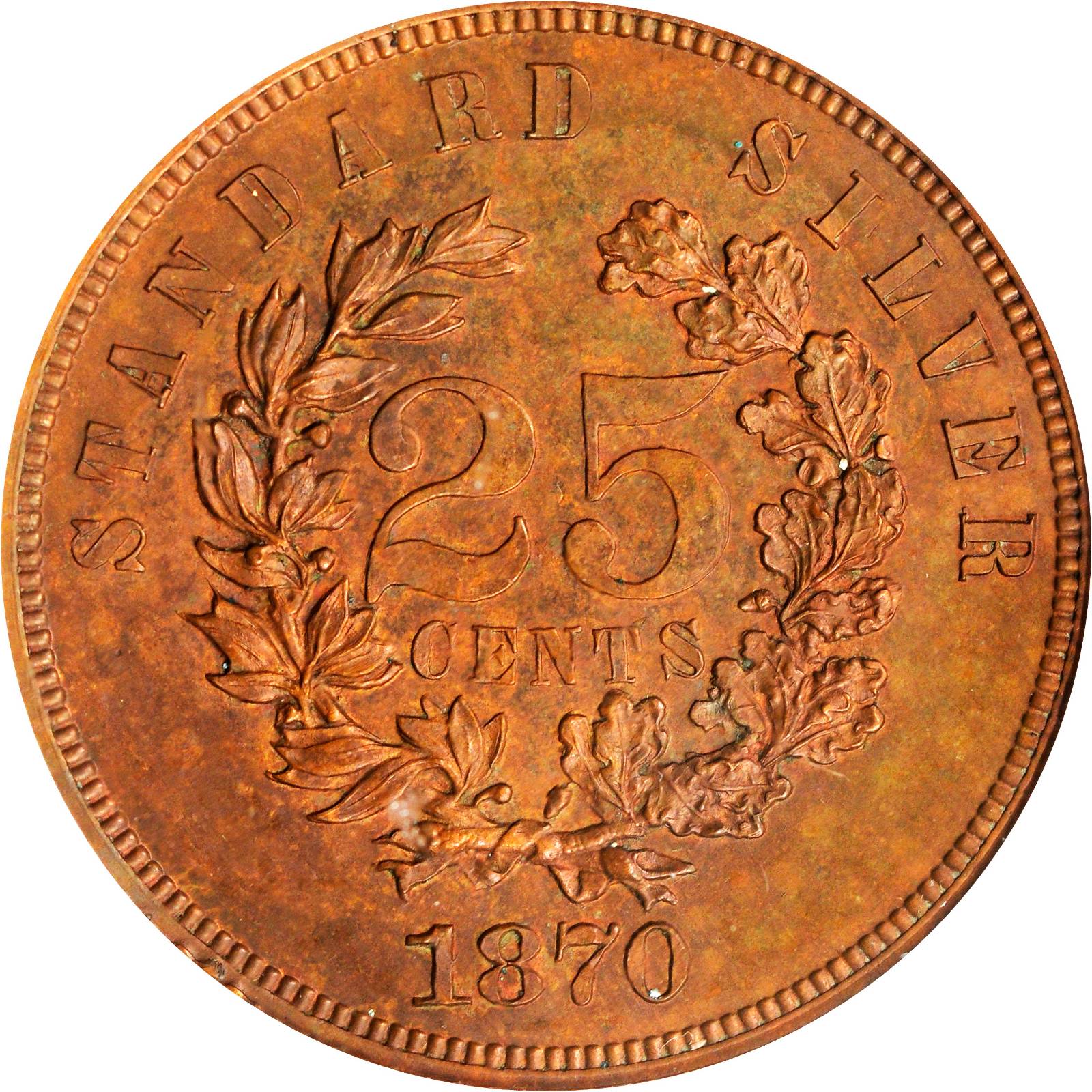 image for: 1870 Pattern Quarter. Judd-908, Pollock-996. Rarity-7-. Copper. Reeded Edge. Proof-65 BN (PCGS). CAC.
