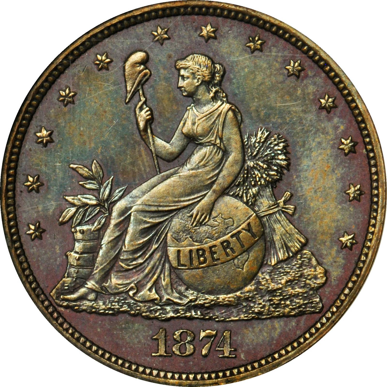 image for: 1874 Pattern Twenty-Cent Piece. Judd-1355, Pollock-1499. Rarity-6-. Copper. Plain Edge. Proof-65 RB (NGC). OH.
