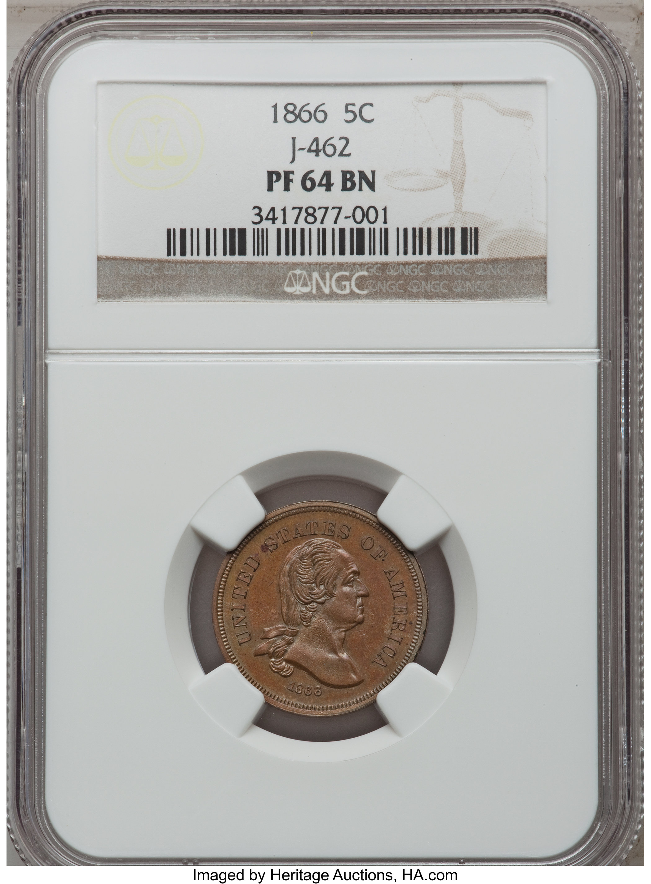 image for: 1866 5C Five Cents, Judd-462, Pollock-536, Low R.7, PR64 Brown NGC....