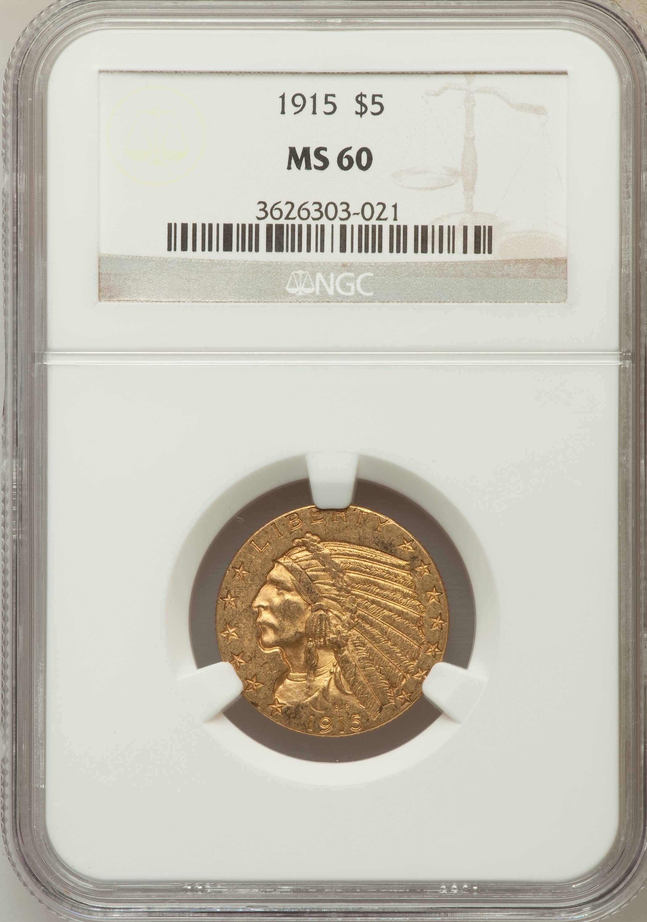 1915 $5 MS60 NGC. NGC Census: (161/4304). PCGS Population (65/3083). Mintage: 588,075. Numismedia Wsl. Price for problem fr...