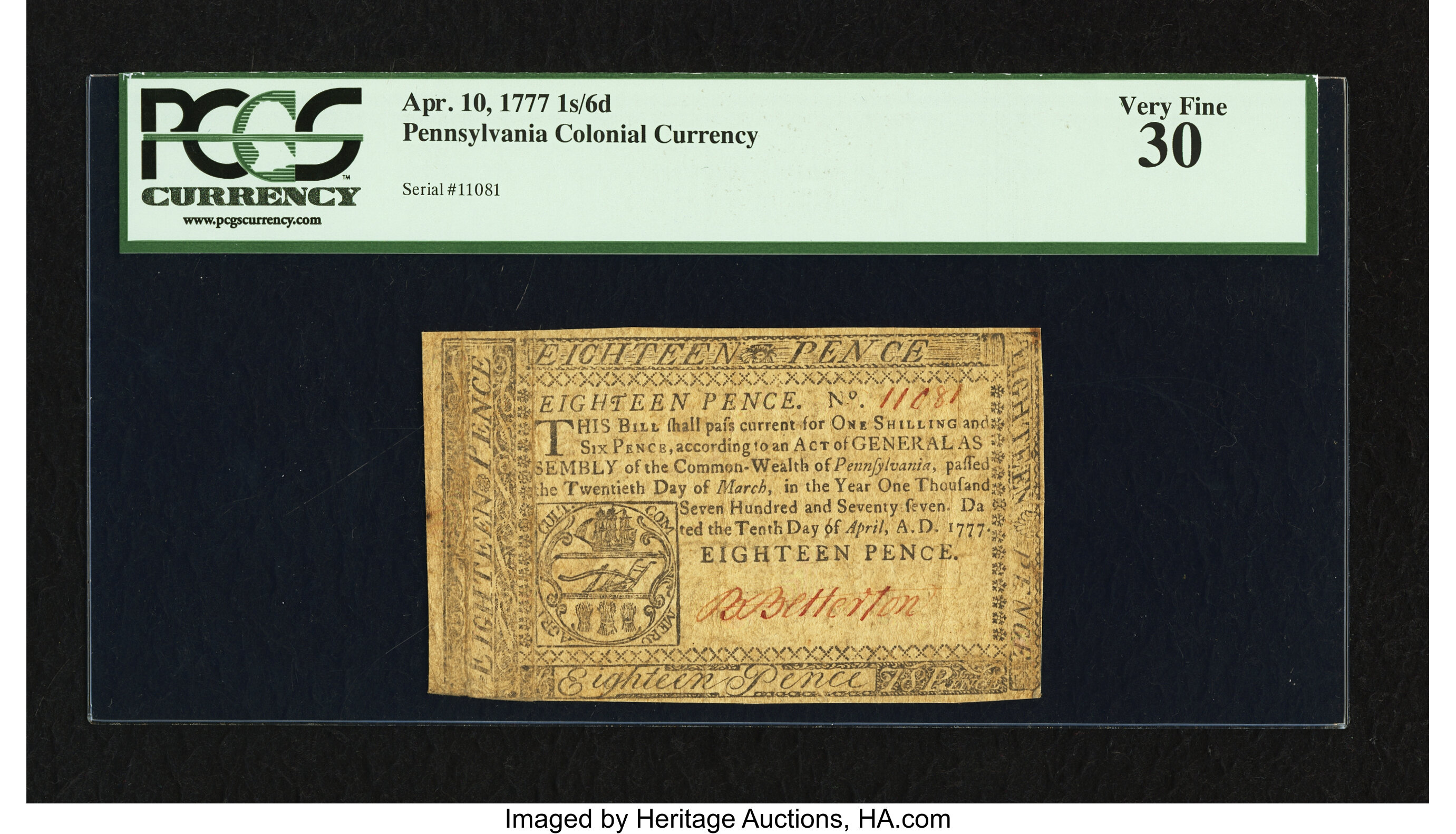 image for: Pennsylvania April 10, 1777 1s 6d PCGS Very Fine 30....