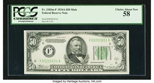 image for: Fr. 2103-F $50 1934A Mule Federal Reserve Note. PCGS Choice About New 58....