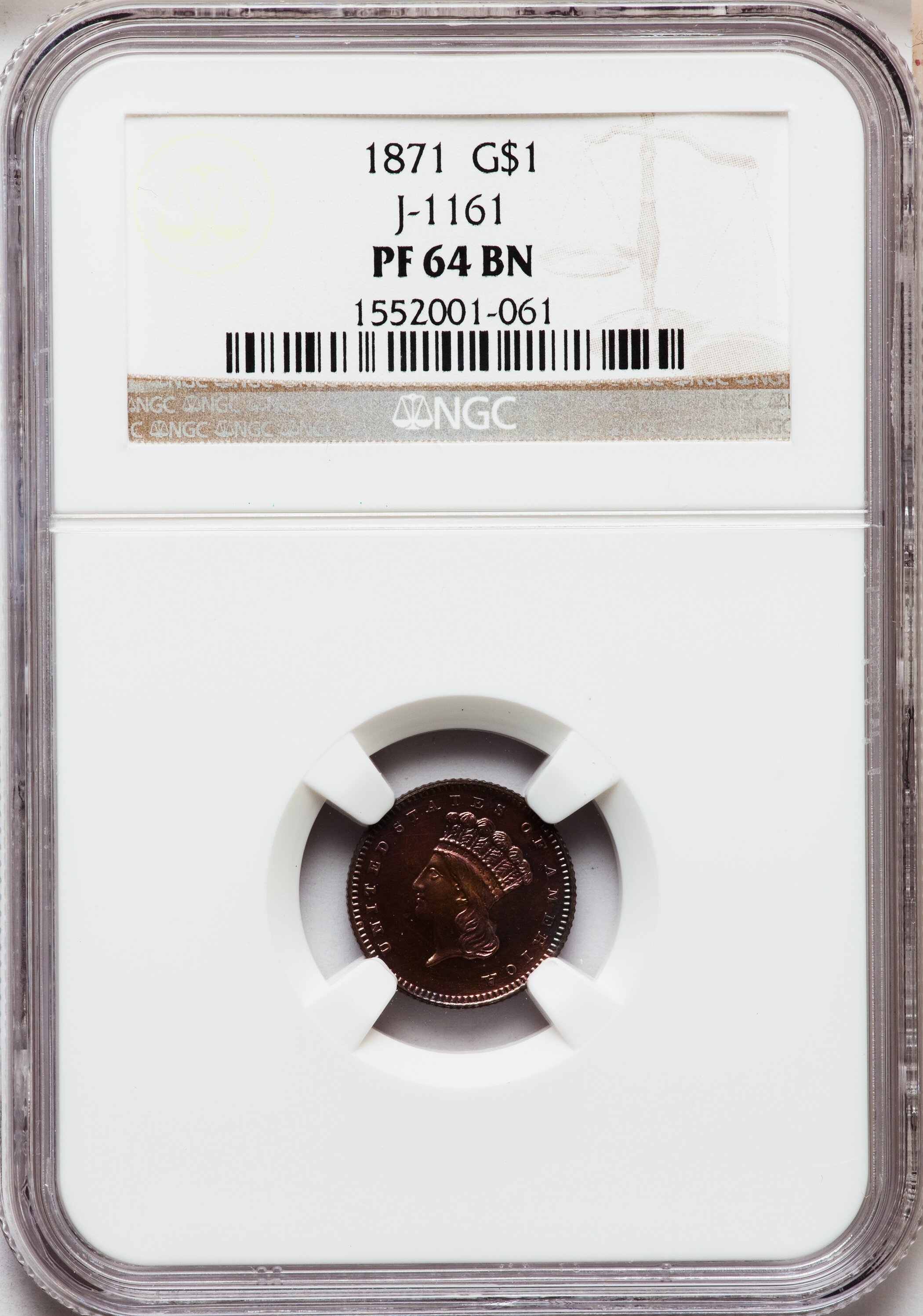 image for: 1871 G$1 Gold Dollar, Judd-1161, Pollock-1303, R.8, PR64 Brown NGC....