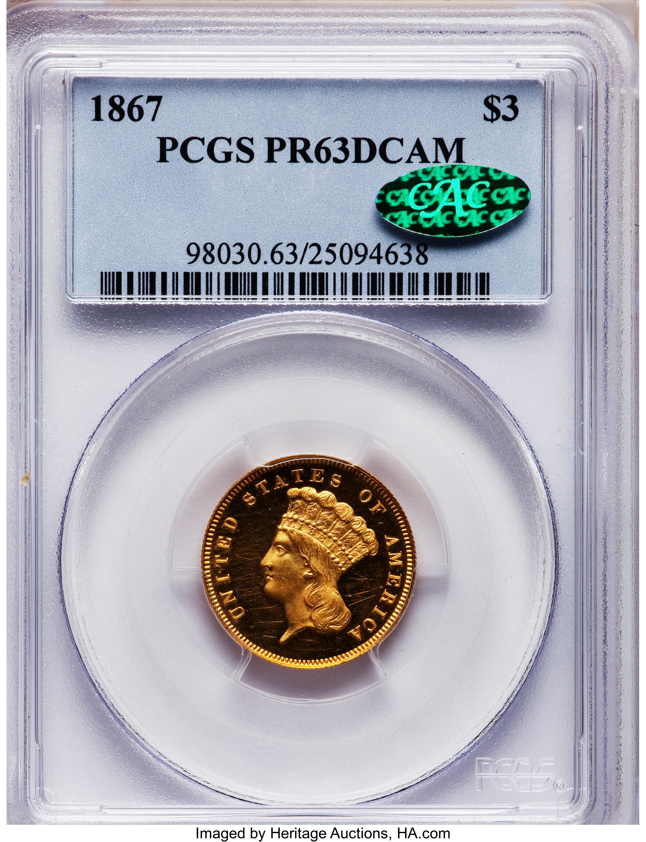 image for: 1867 $3 PR63 Deep Cameo PCGS. CAC....