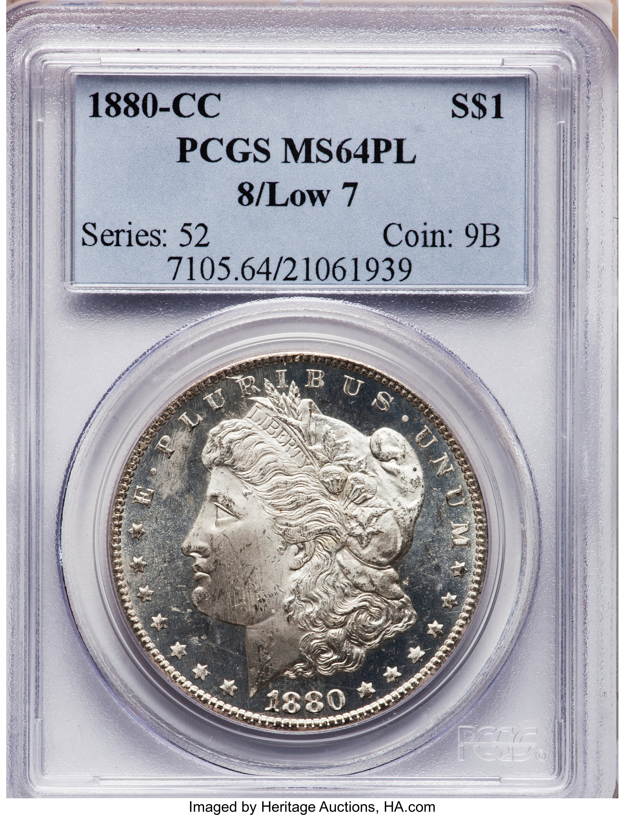 1880-CC $1 8 Over Low 7 MS64 Prooflike PCGS. PCGS Population (33/25). NGC Census: (0/0). (#7105)...