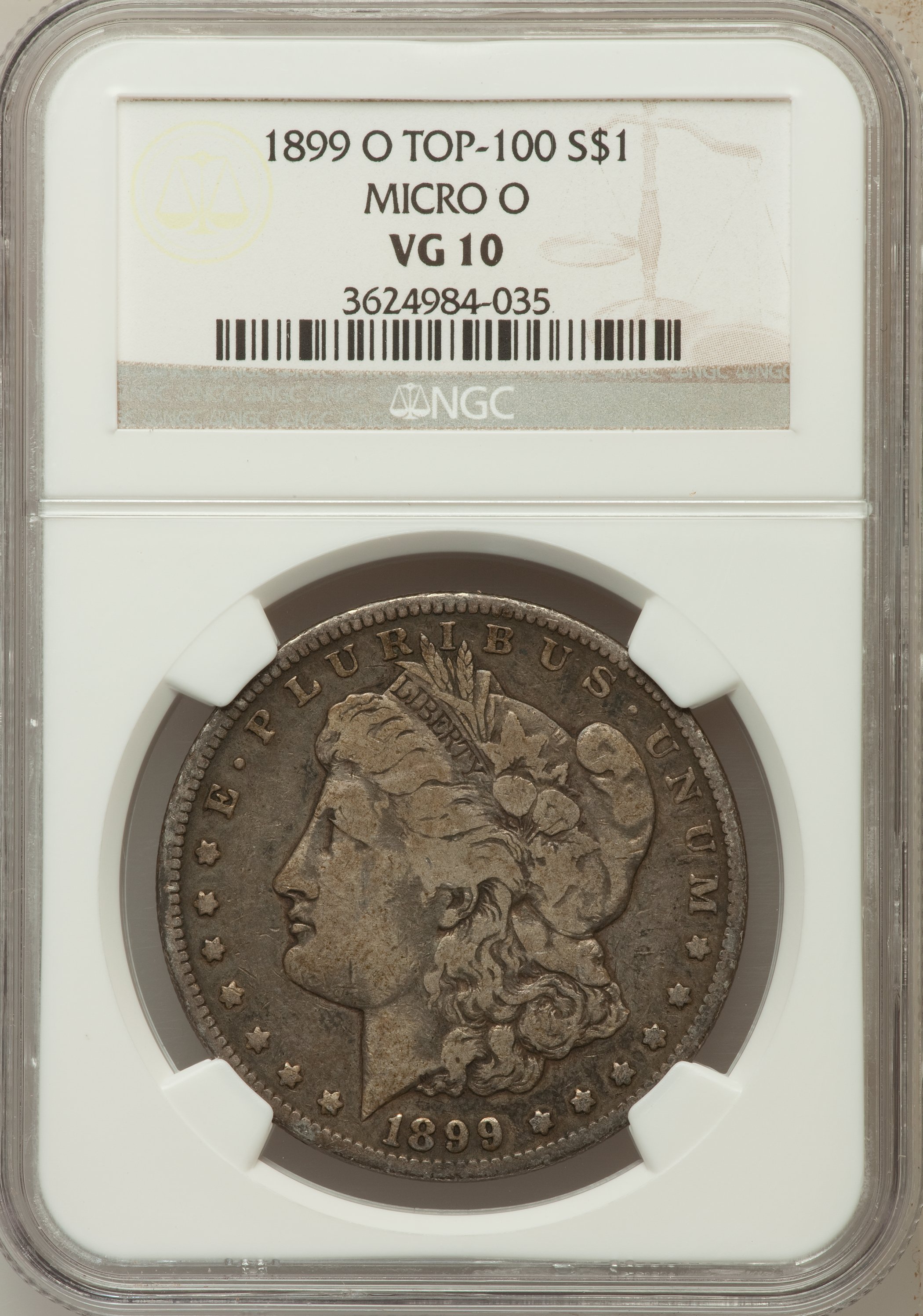 1899-O $1 Micro o VG10 NGC. Top-100. NGC Census: (11/46410). PCGS Population (3/47632). Mintage: 12,290,000. Numismedia Wsl...
