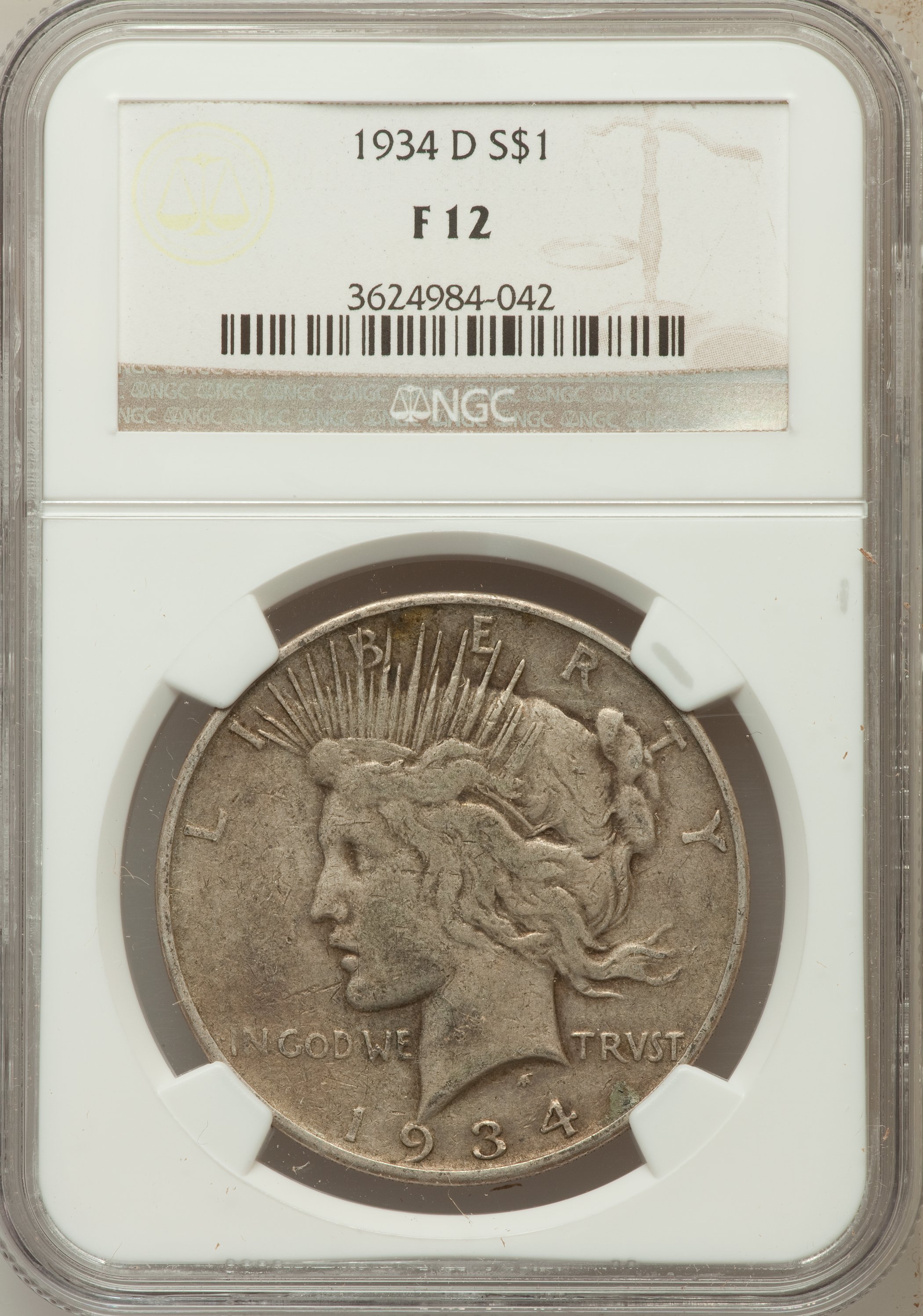 1934-D $1 Fine 12 NGC. NGC Census: (4/4108). PCGS Population (1/5329). Mintage: 1,569,500. Numismedia Wsl. Price for proble...