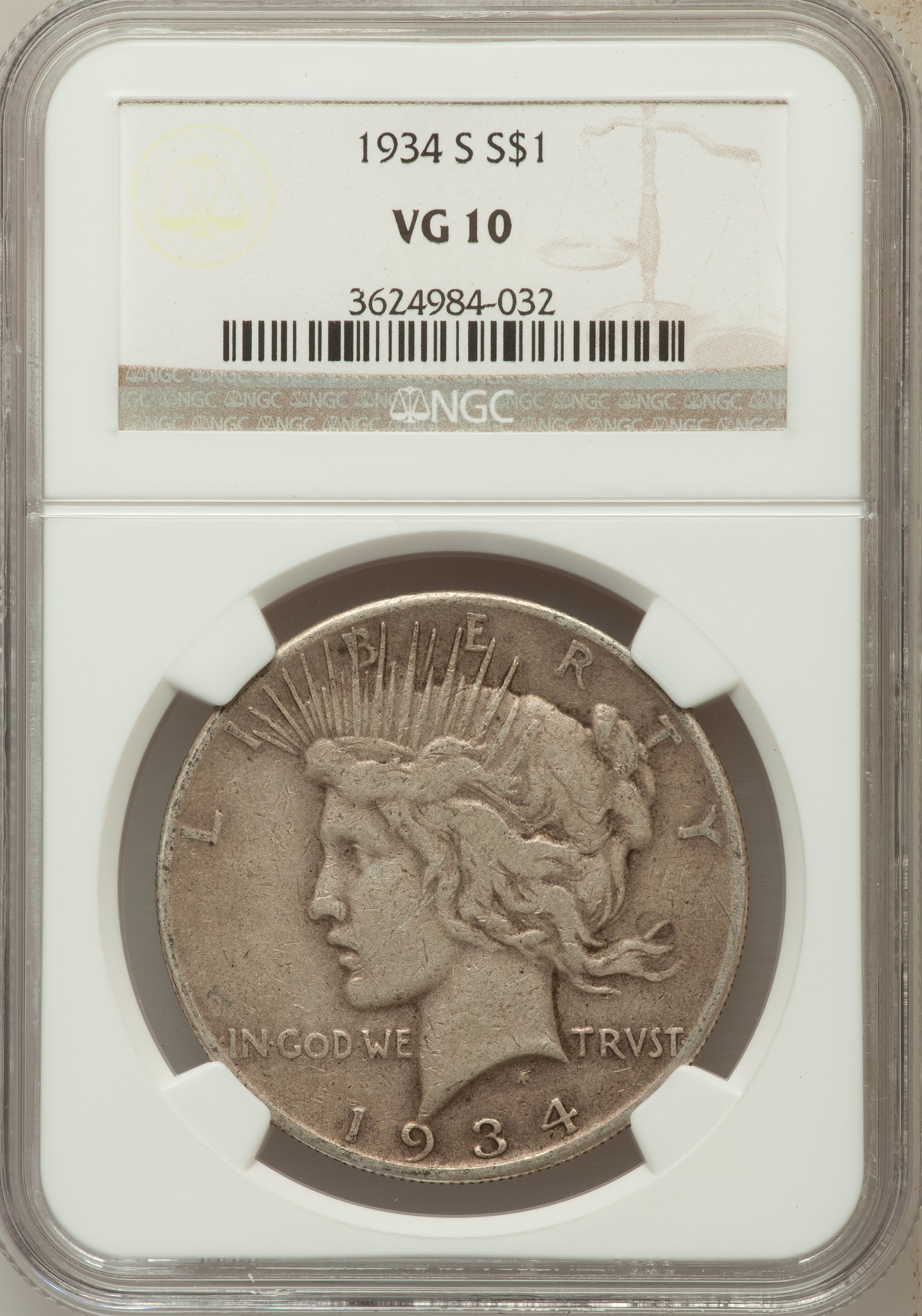 1934-S $1 VG10 NGC. NGC Census: (30/2870). PCGS Population (26/4341). Mintage: 1,011,000. Numismedia Wsl. Price for problem...