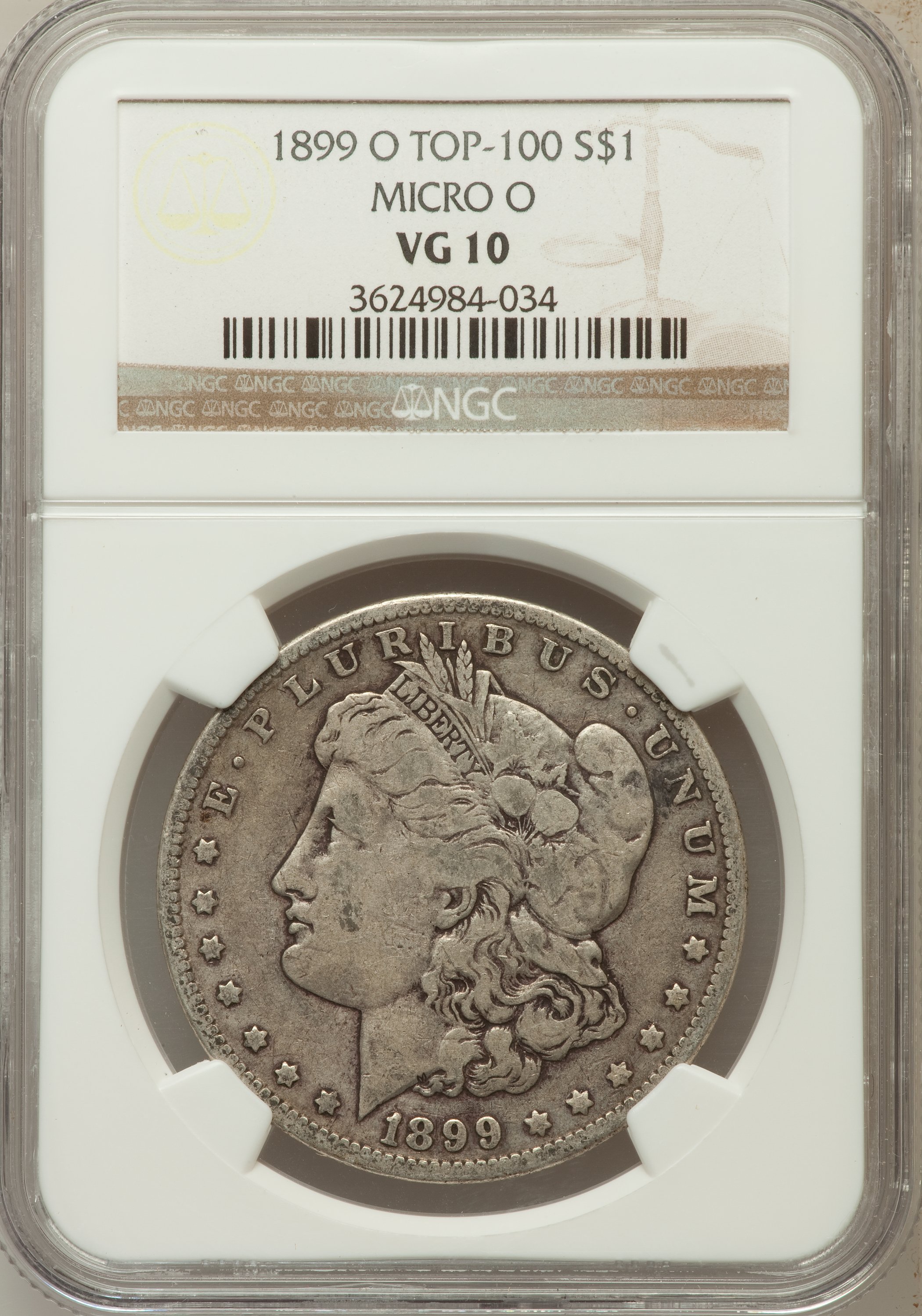 1899-O $1 Micro O VG10 NGC. Top-100. NGC Census: (11/46410). PCGS Population (3/47632). Mintage: 12,290,000. Numismedia Wsl...