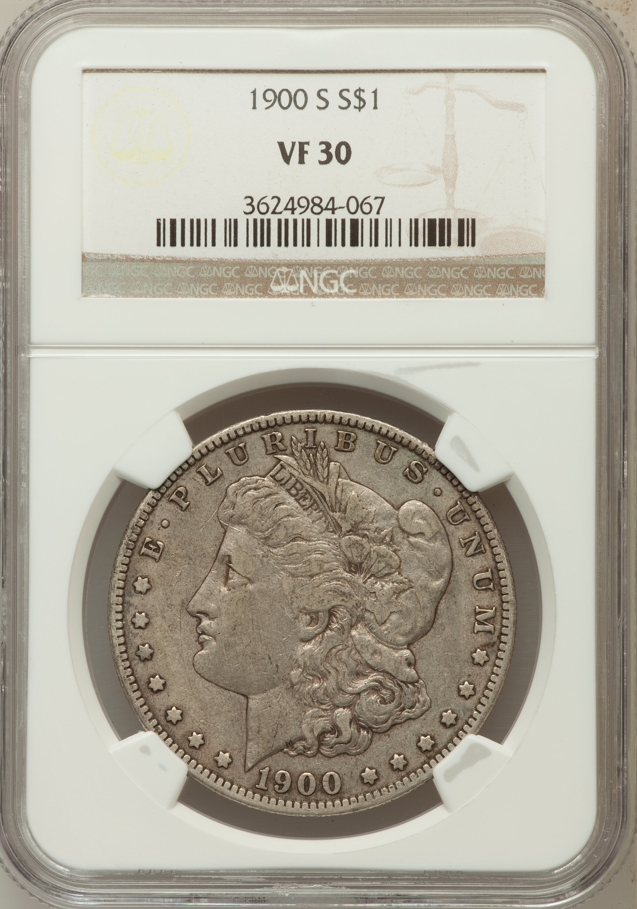 1900-S $1 VF30 NGC. NGC Census: (5/3027). PCGS Population (8/4831). Mintage: 3,540,000. Numismedia Wsl. Price for problem f...