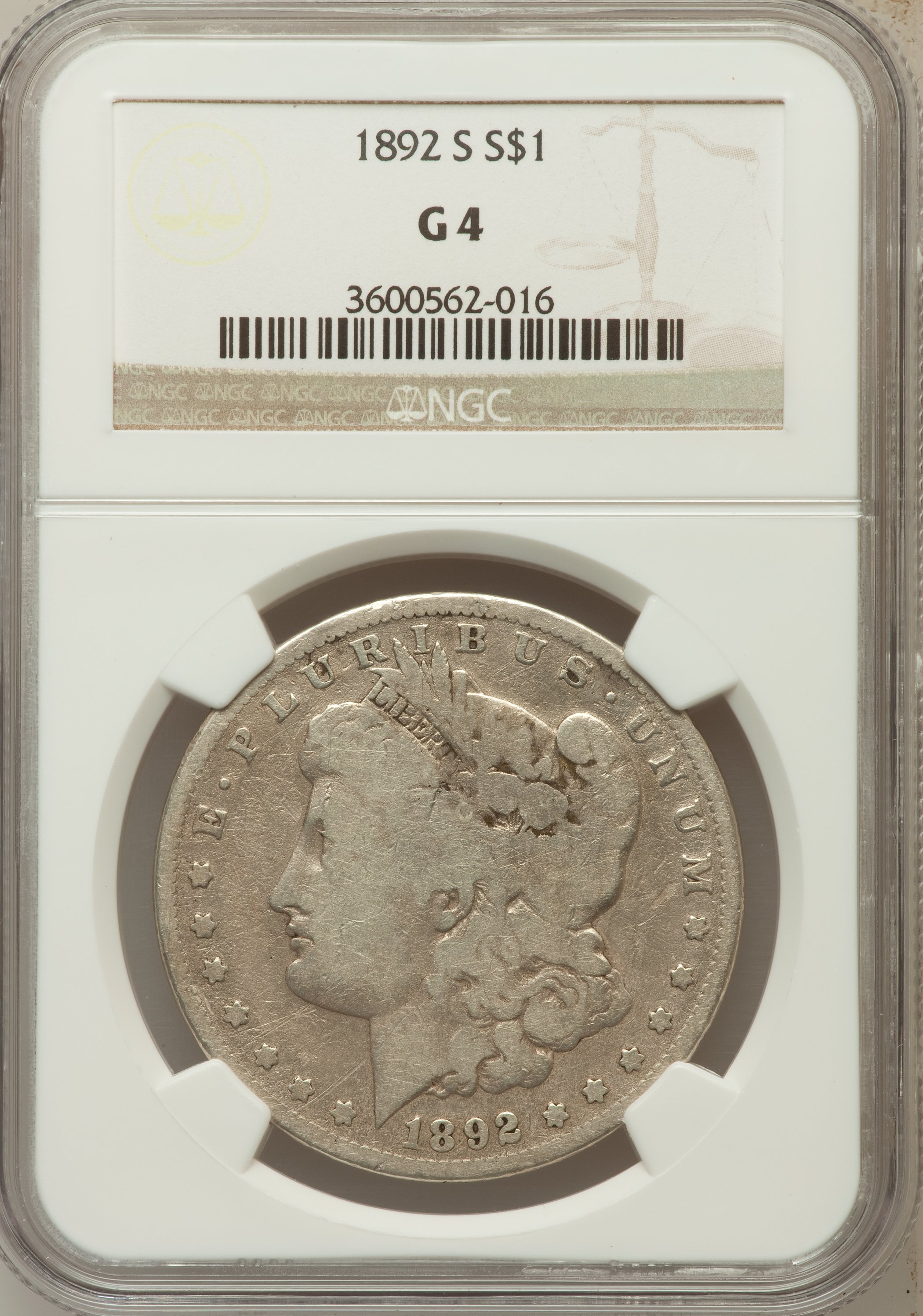 1892-S $1 Good 4 NGC NGC Census: (12/2833). PCGS Population (9/3262). Mintage: 1,200,000. Numismedia Wsl. Price for problem...