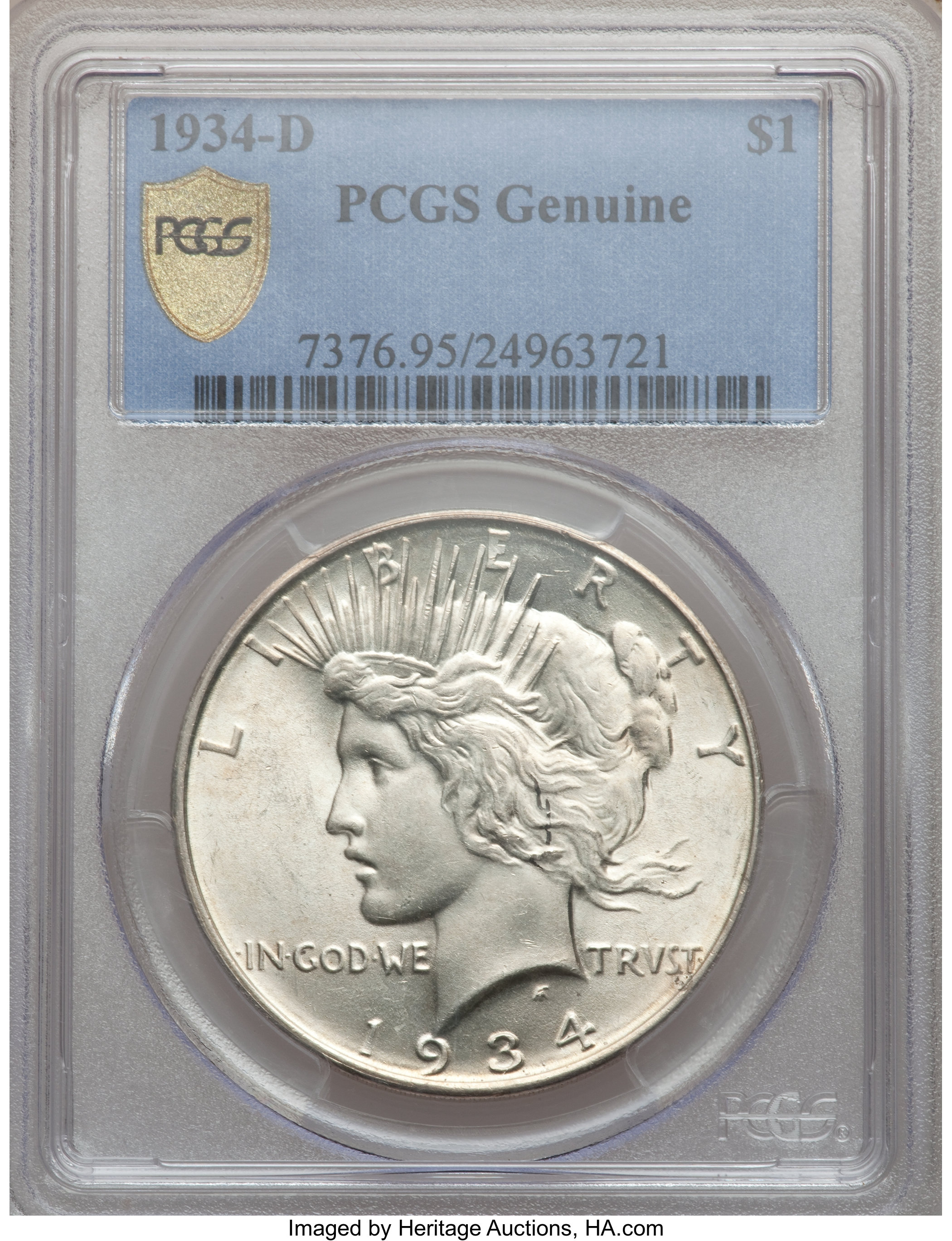 1934-D $1 -- Scratch/ Rim Dent -- Genuine PCGS. Secure. This PCGS number ending in 95 suggests Scratch/ Rim Dent as the rea...