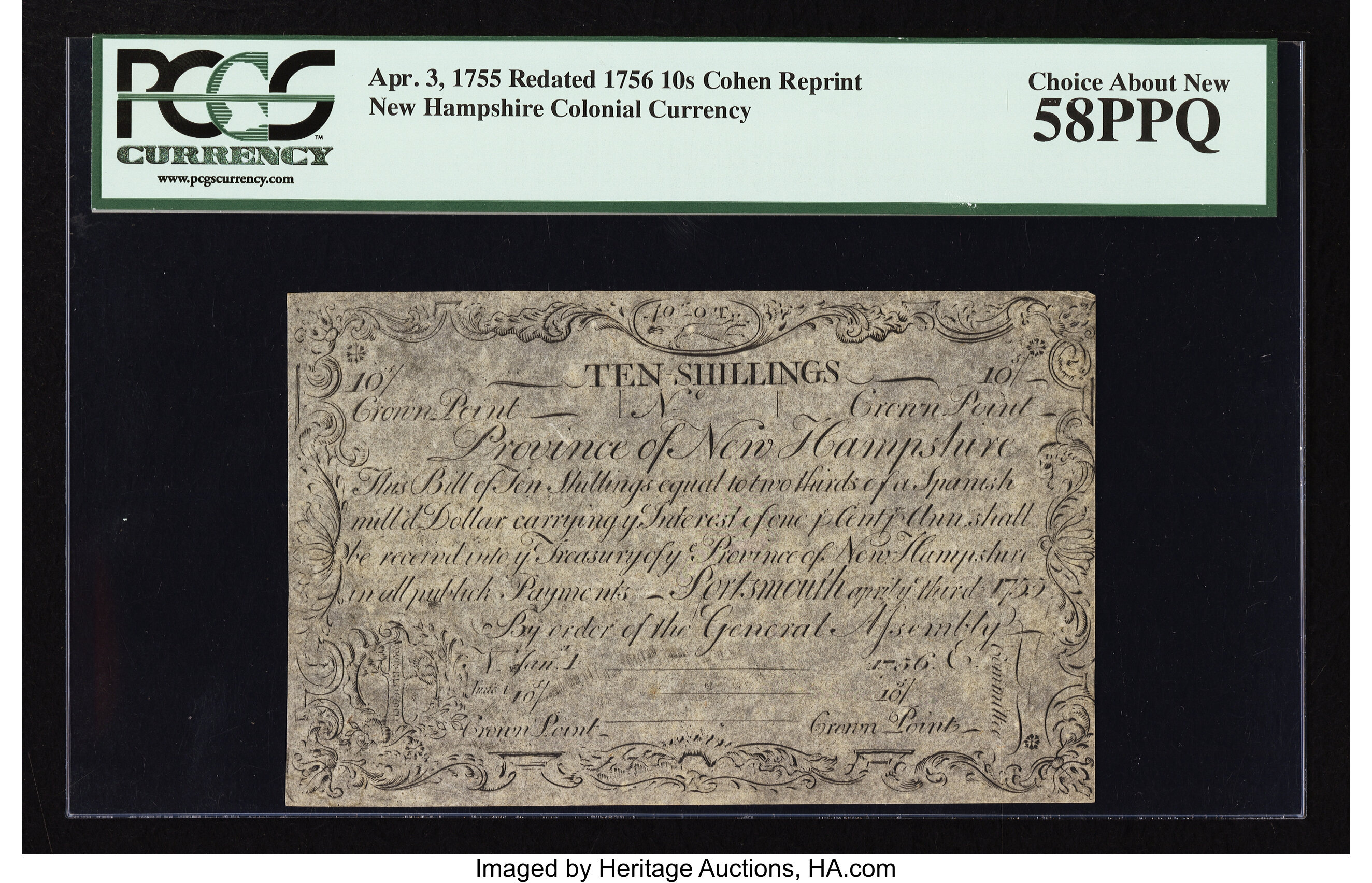 image for: Cohen Reprint New Hampshire April 3, 1755 Redated June 1, 1756 10s PCGS Choice About New 58PPQ....
