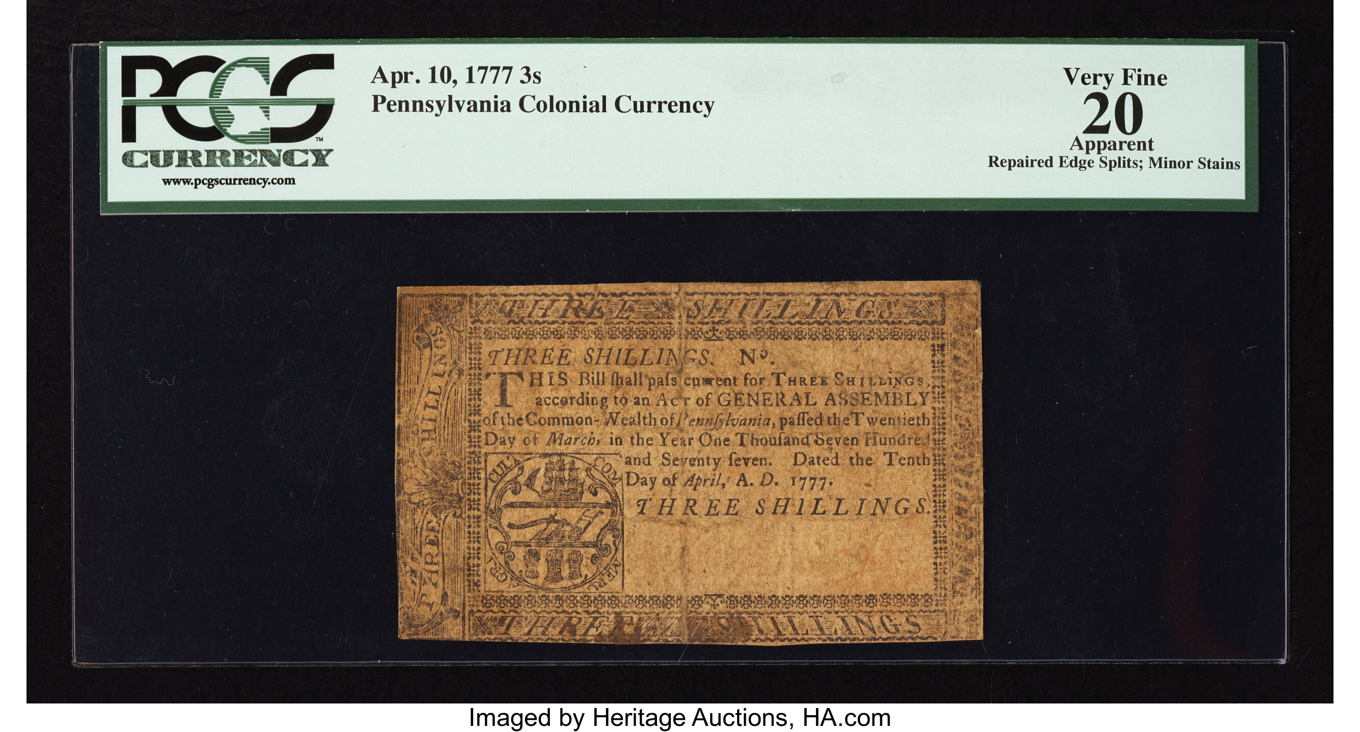 image for: Pennsylvania April 10, 1777 3s PCGS Apparent Very Fine 20....