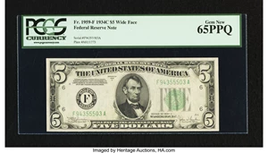image for: Fr. 1959-F $5 1934C Wide Federal Reserve Star Note. PCGS Gem New 65PPQ....