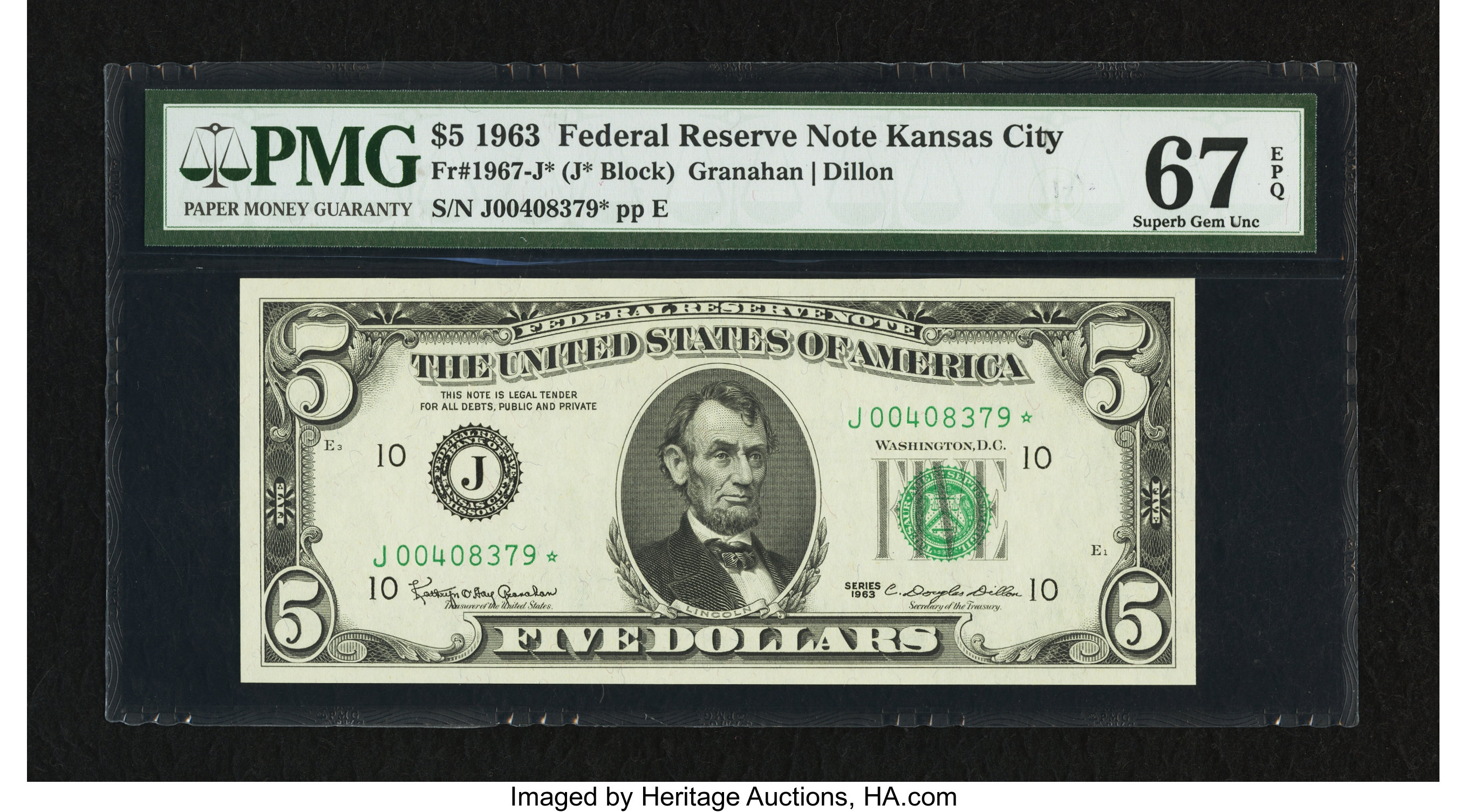 image for: Fr. 1967-J* $5 1963 Federal Reserve Star Note. PMG Superb Gem Unc 67 EPQ....