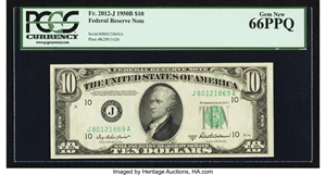 image for: Fr. 2012-J $10 1950B Federal Reserve Note. PCGS Gem New 66PPQ. Finest Known....