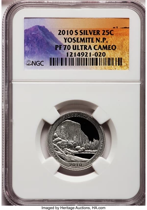 image for: 2010-S 25C Yosemite National Park Silver PR70 Ultra Cameo NGC. NGC Census: (0). PCGS Population (365). (#418840)...