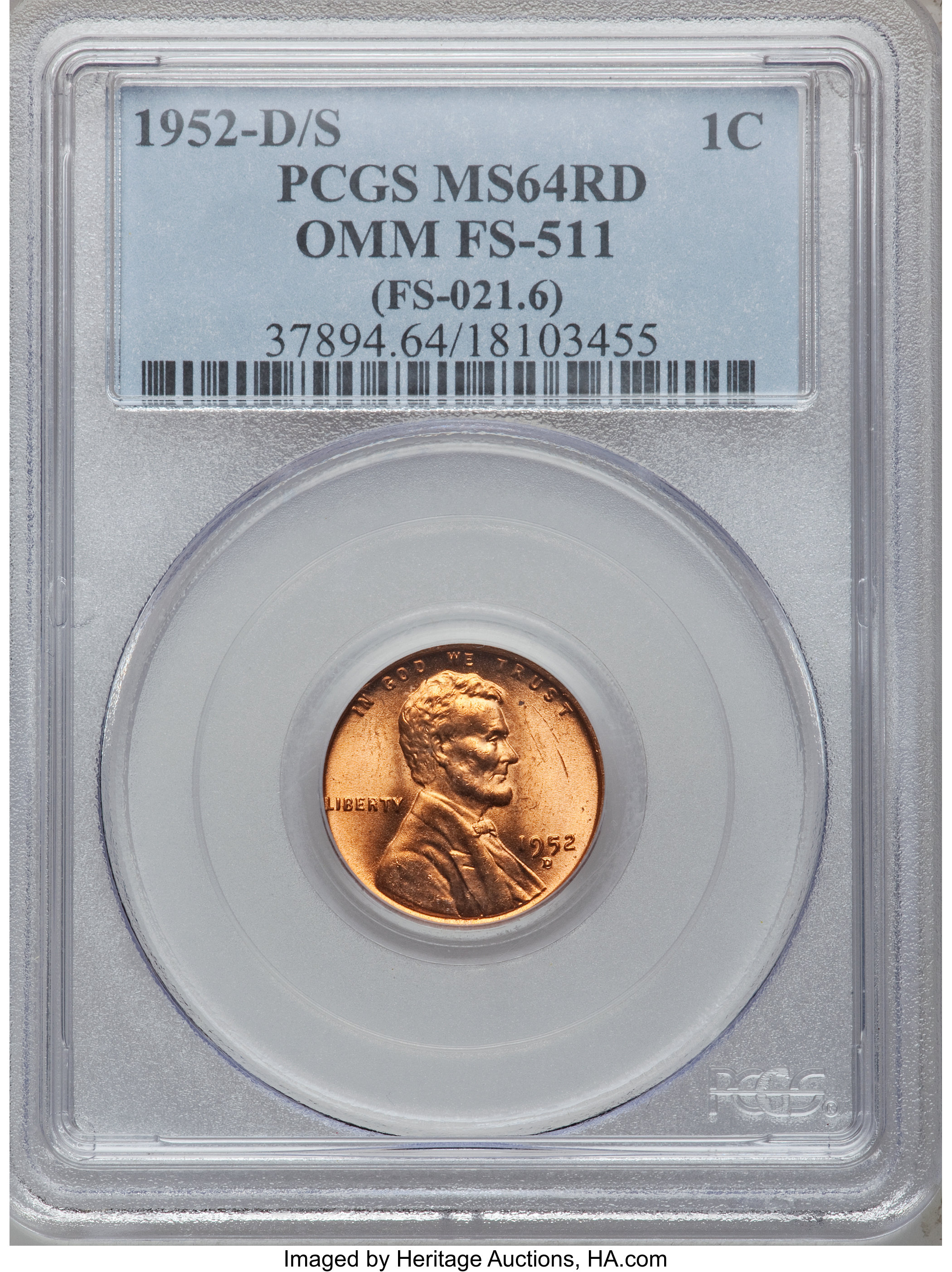 1952-D/S 1C MS64 Red PCGS. FS-511 (FS-021.6) Over Mintmark. PCGS Population (60/1491). NGC Census: (29/1485). Mintage: 46,1...