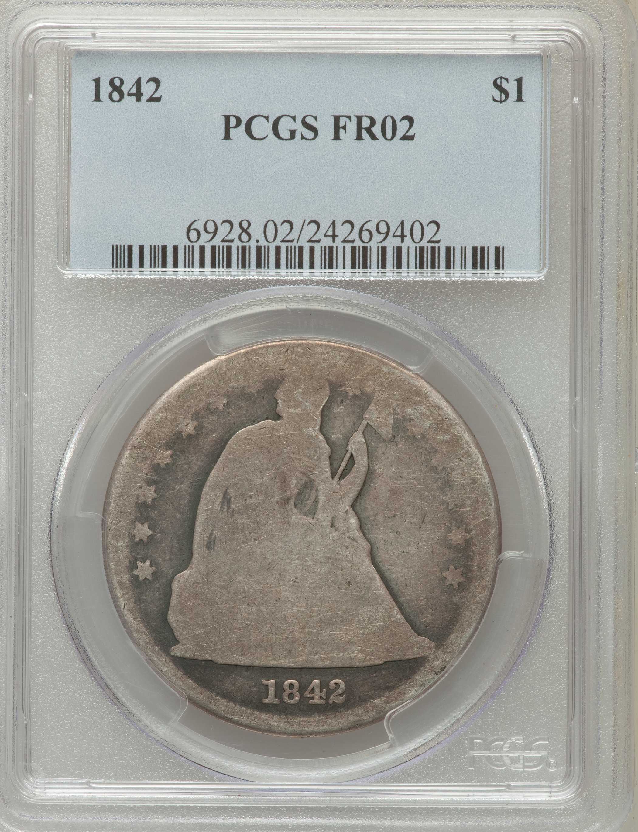 1842 $1 Fair 2 PCGS. PCGS Population (2/567). NGC Census: (0/447). Mintage: 184,618. Numismedia Wsl. Price for problem free...