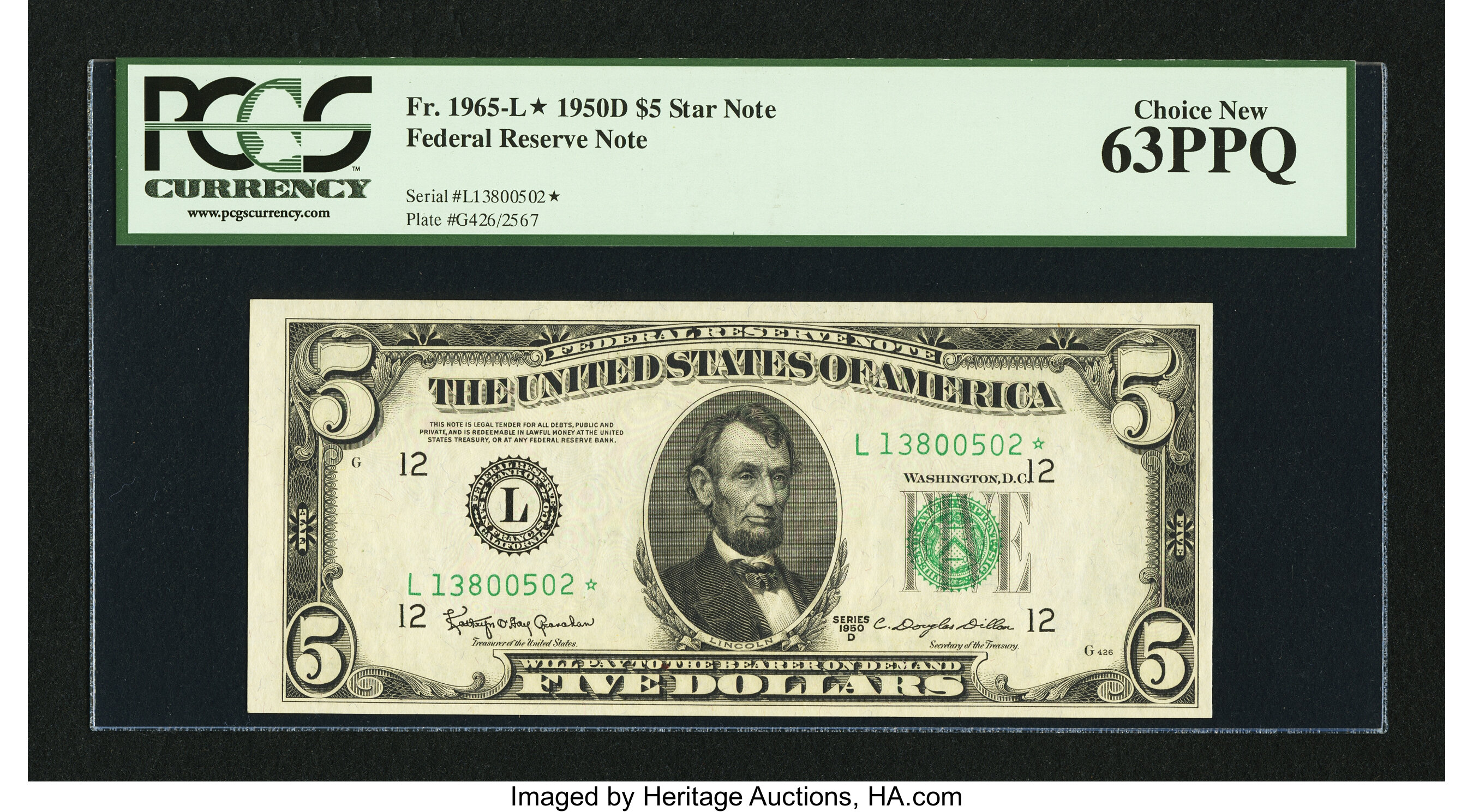 image for: Fr. 1965-L* $5 1950D Federal Reserve Star Note. PCGS Choice New 63PPQ....