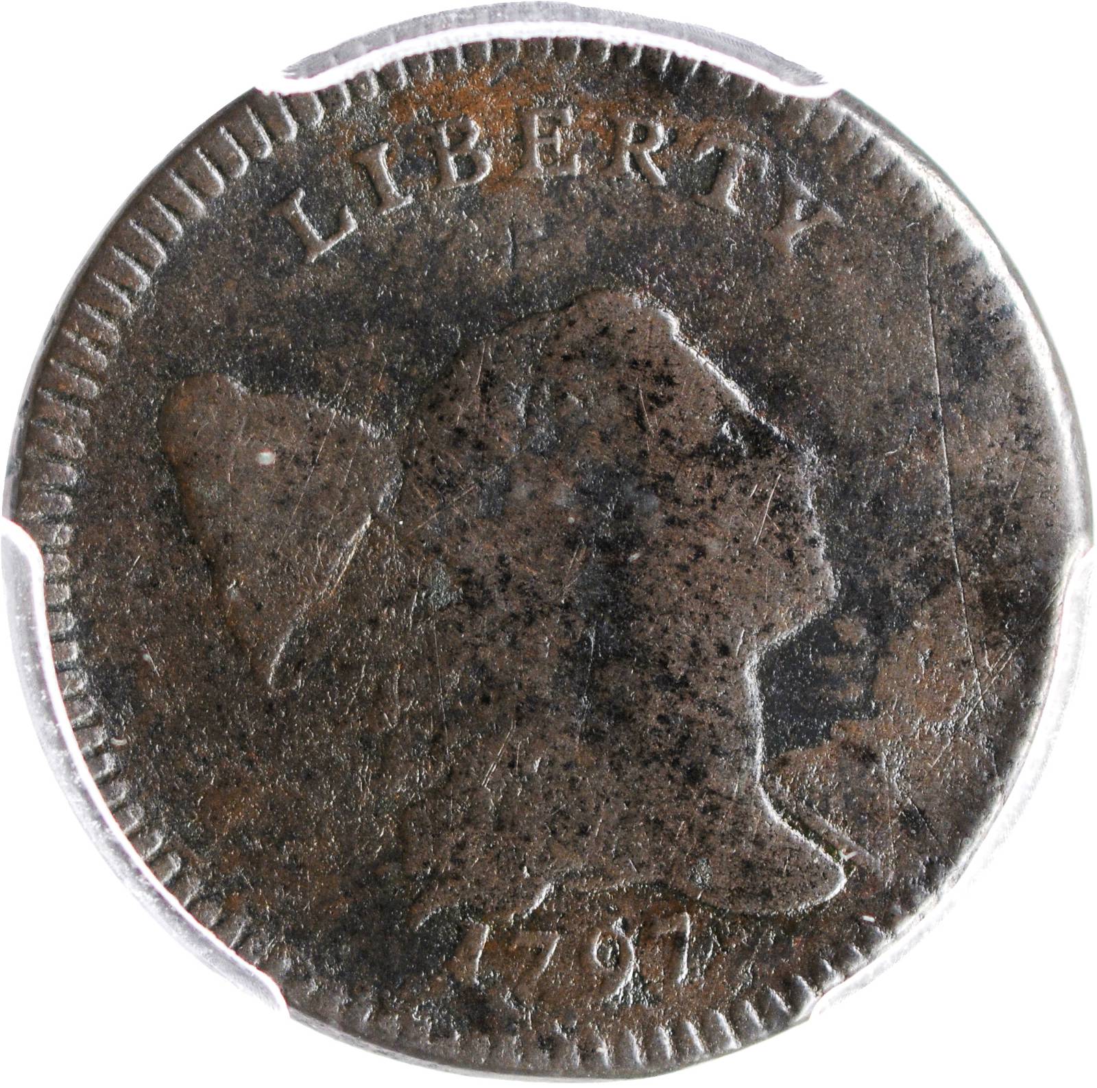 image for: 1797 Liberty Cap Half Cent. C-3b. Rarity-4. Manley Die State 2.0. Lettered Edge. Fine Details--Environmental Damage (PCGS).