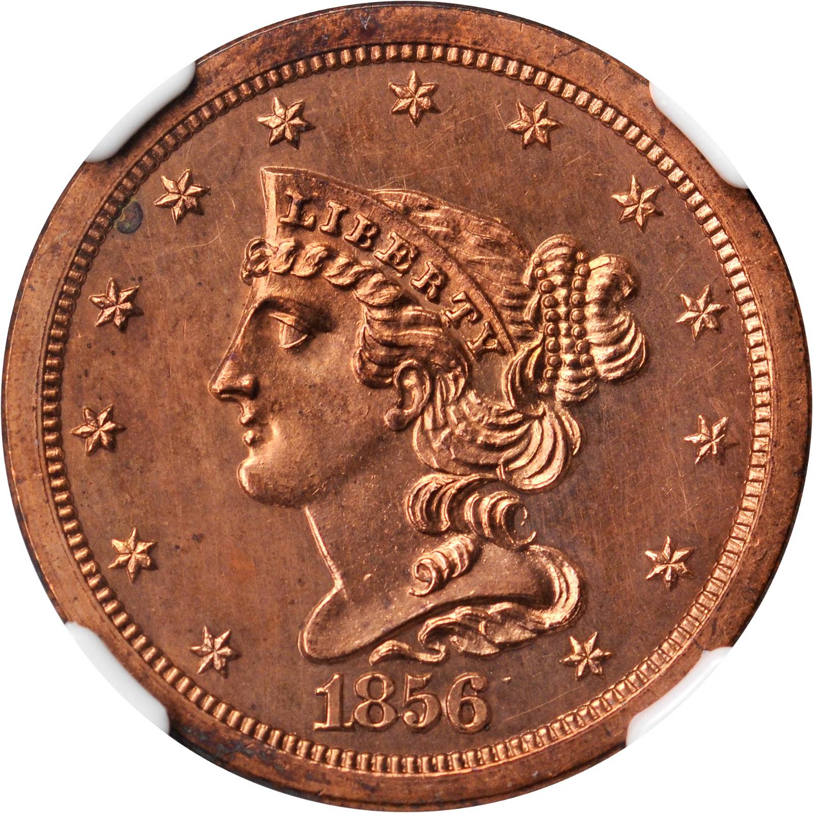 image for: 1856 Braided Hair Half Cent. B-3. Rarity-4. Proof-62 RB (NGC).