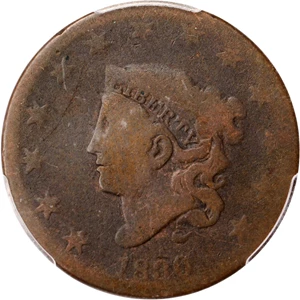 image for: 1830 Matron Head Cent. N-9. Rarity-7-. Large Letters. Good-4 (PCGS).