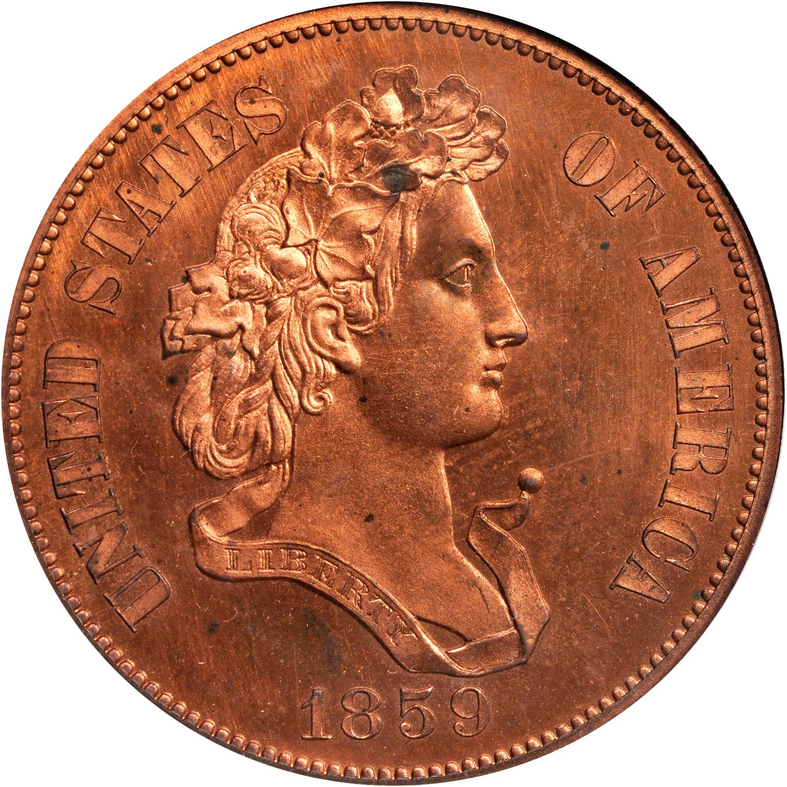 image for: 1859 Pattern Half Dollar. Judd-240, Pollock-296. Rarity-5. Copper. Reeded Edge. Proof-64 RB (PCGS). CAC.