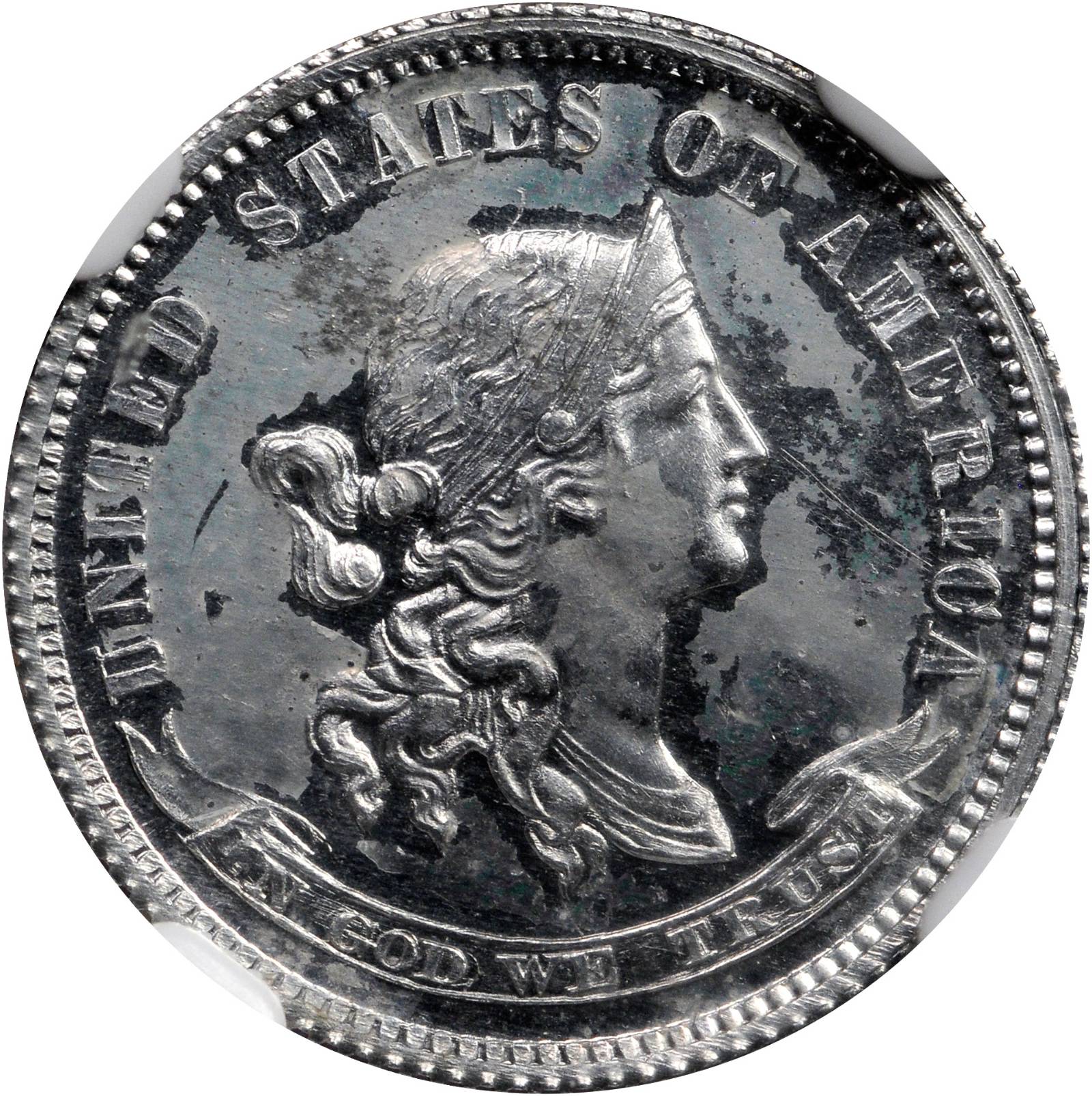 image for: 1870 Pattern Dime. Judd-847, Pollock-947. Rarity-7+. Aluminum. Reeded Edge. Proof-64 (NGC).