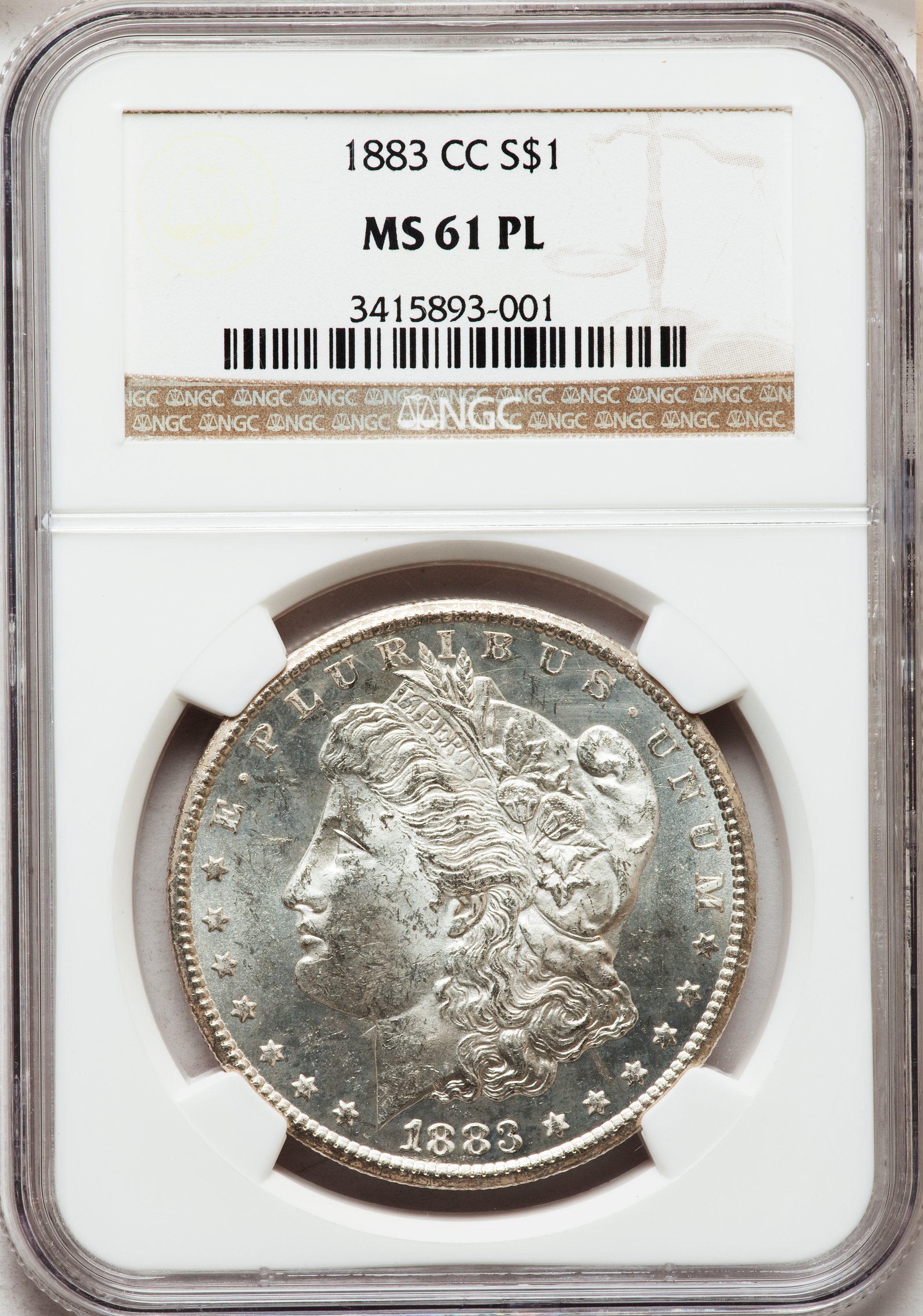 1883-CC $1 MS61 Prooflike NGC. NGC Census: (18/1591). PCGS Population (41/3186). Numismedia Wsl. Price for problem free NG...