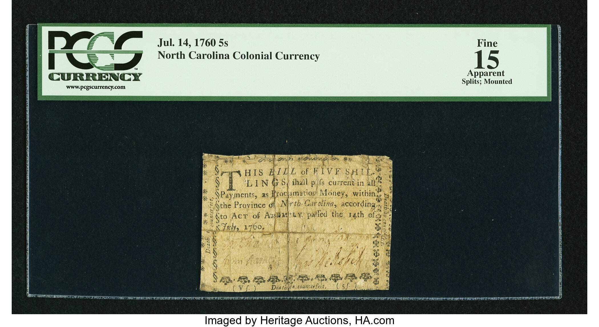 image for: North Carolina July 14, 1760 5s PCGS Apparent Fine 15....