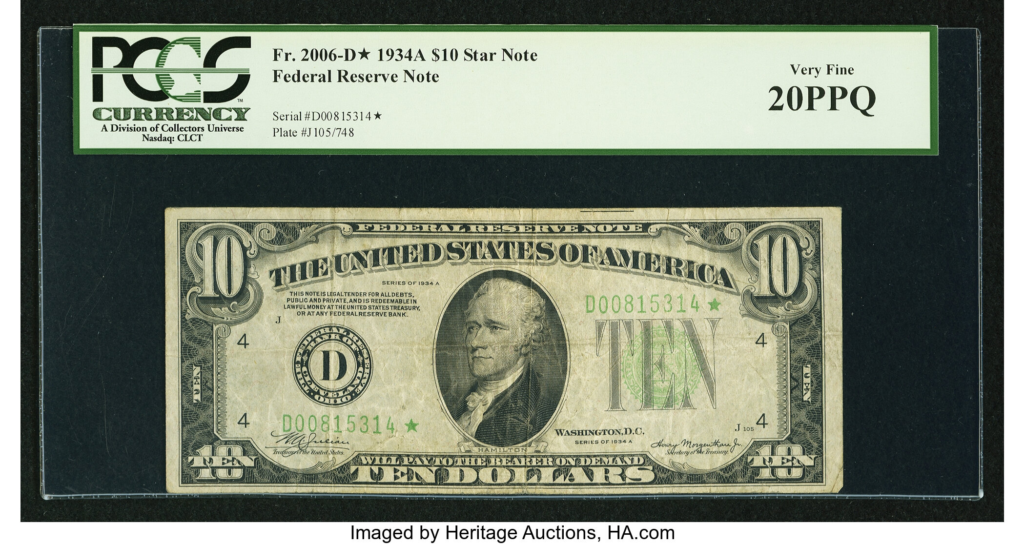 image for: Fr. 2006-D* $10 1934A Federal Reserve Star Note. PCGS Very Fine 20PPQ....