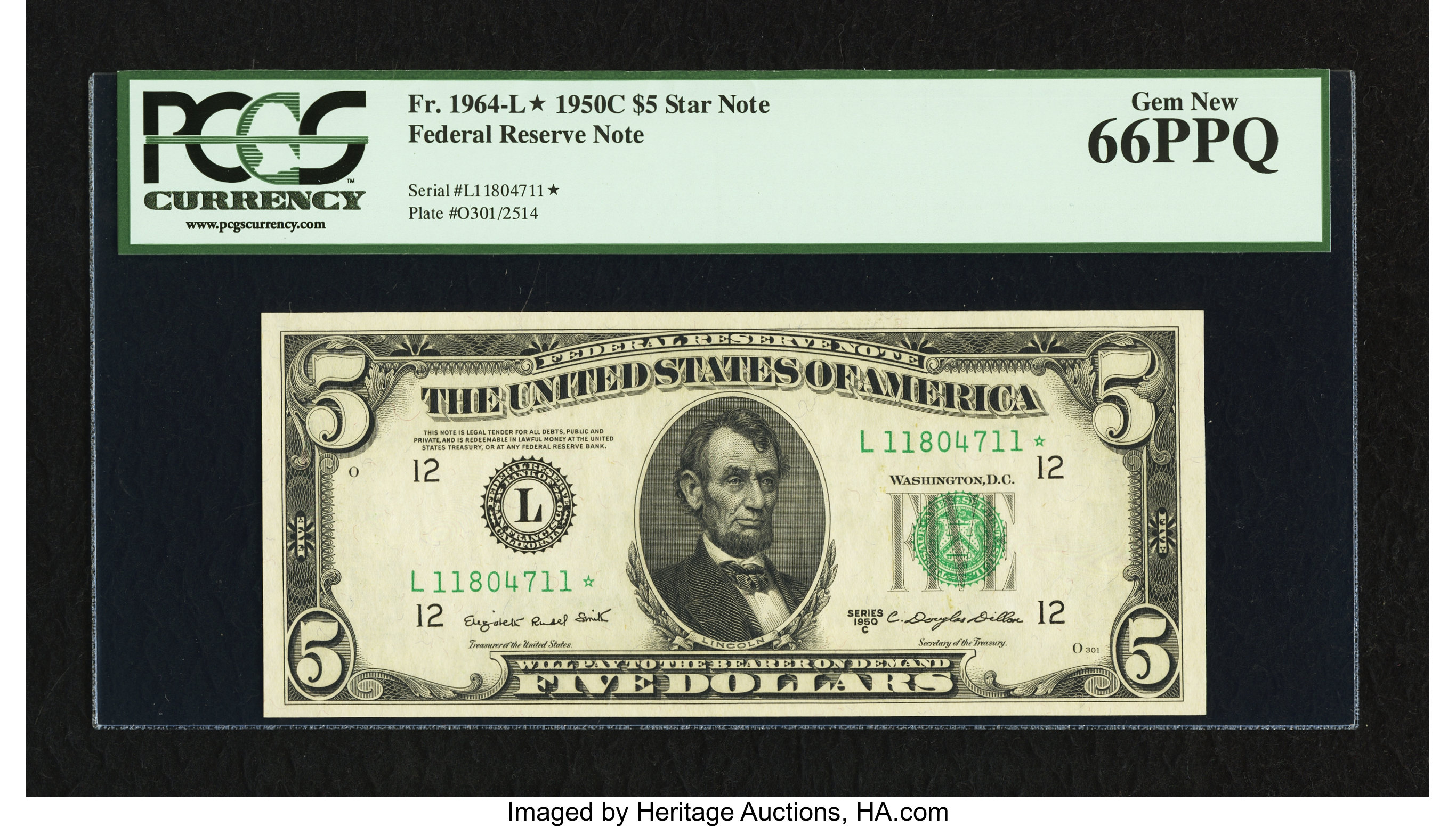 image for: Fr. 1964-L* $5 1950C Federal Reserve Star Note. PCGS Gem New 66PPQ....