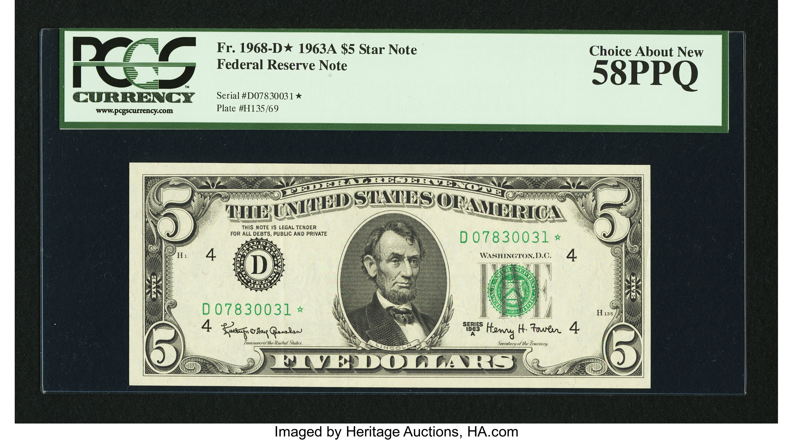 image for: Fr. 1968-D* $5 1963A Federal Reserve Note. PCGS Choice About New 58PPQ....