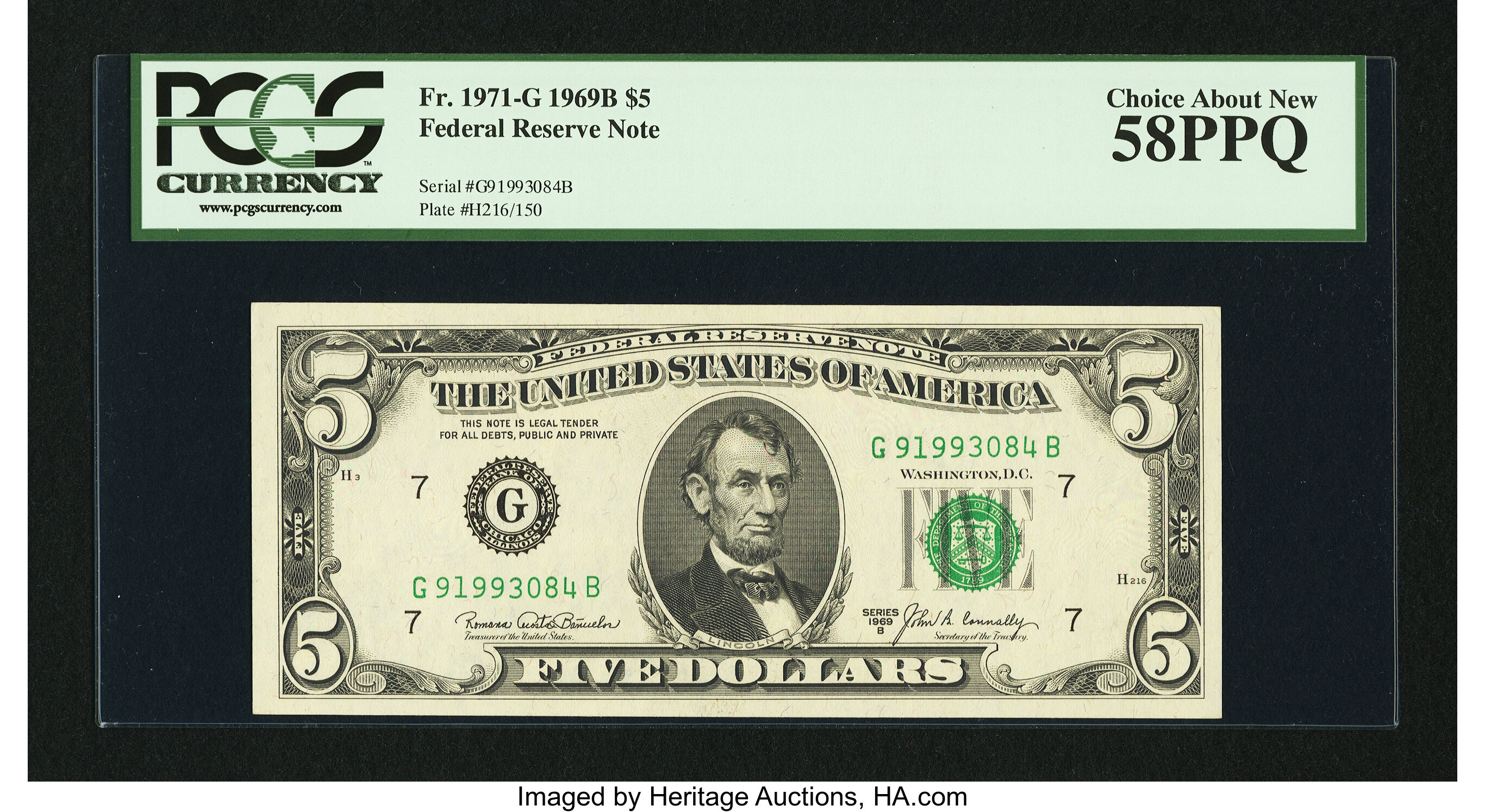 image for: Fr. 1971-B $5 1969B Federal Reserve Note. PCGS Choice About New 58PPQ....
