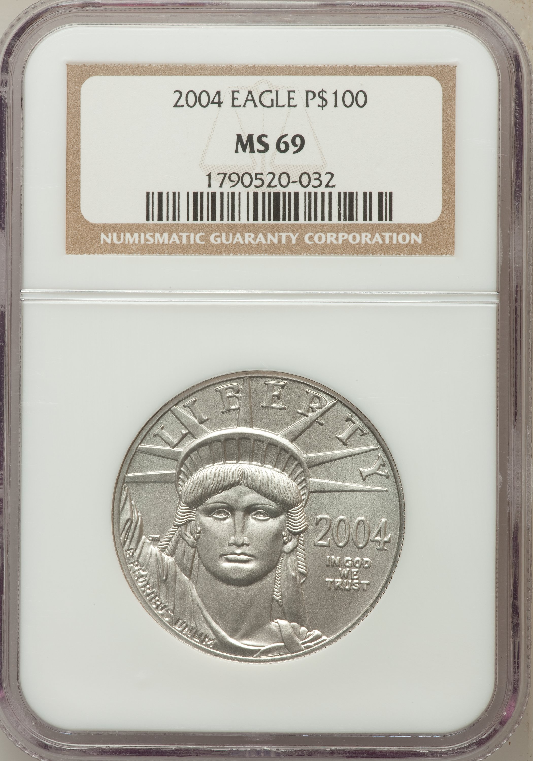 image for: 2004 P$100 One-Ounce Platinum Eagle MS69 NGC. NGC Census: (659/165). PCGS Population (1937/45).  Numismedia Wsl. Price for ...