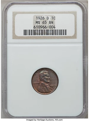 image for: 1926-D 1C MS65 Brown NGC. NGC Census: (6/0). PCGS Population (4/0). Mintage: 28,020,000. Numismedia Wsl. Price for problem ...