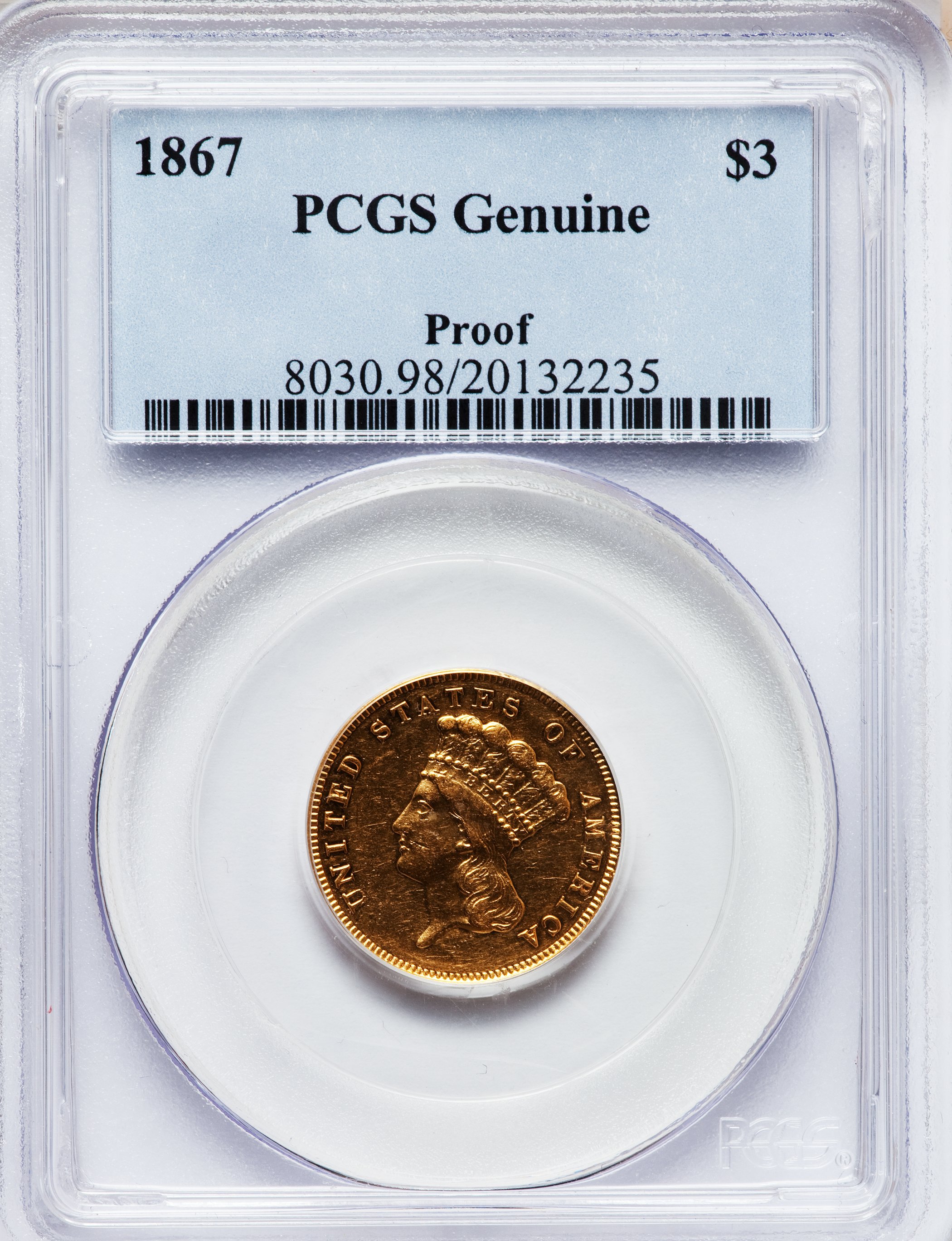image for: 1867 $3 Proof Genuine PCGS. NGC Census: (0/0). PCGS Population (0/6). Mintage: 50. Numismedia Wsl. Price for problem free N...